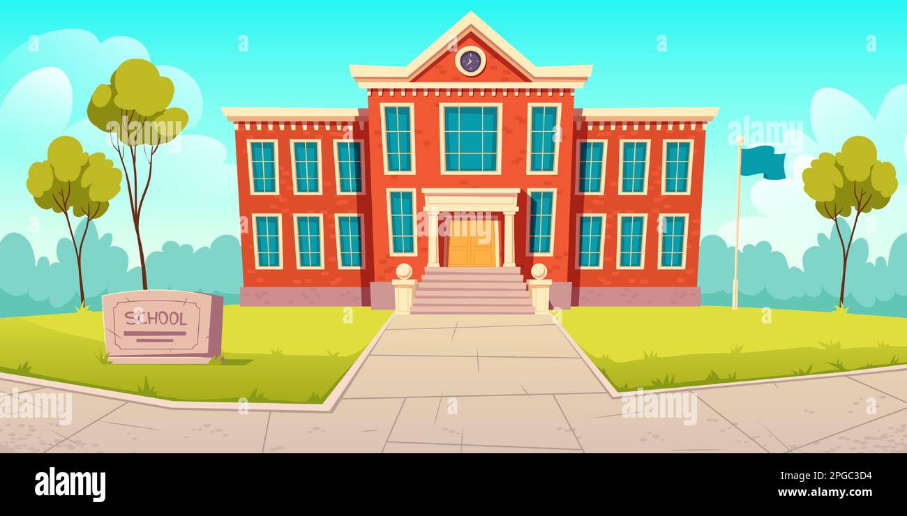 Scuola costruzione istituzione educativa, collegio vuoto cortile con alberi verdi, prati, pavimentazione pietre percorso, architettura della città, luogo di studio, Paesaggio estivo Cartoon illustrazione vettoriale Illustrazione Vettoriale
