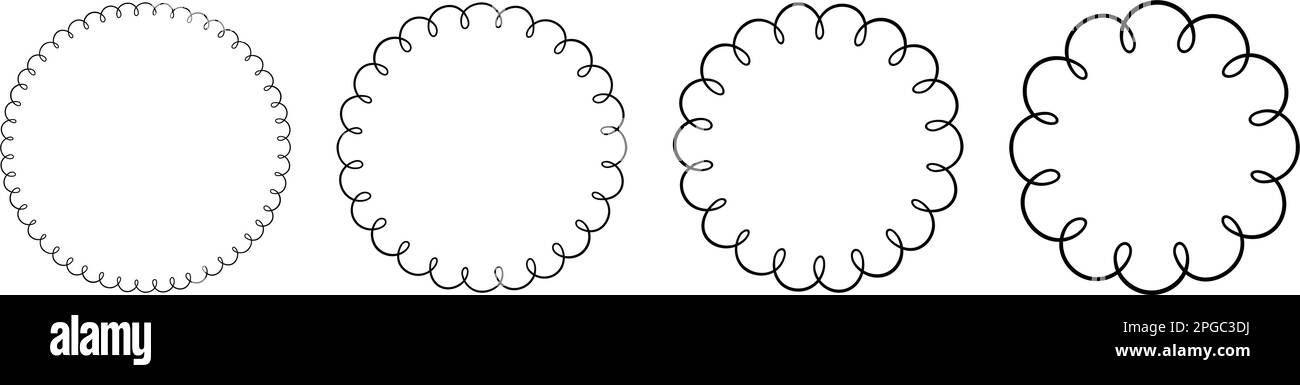 Cerchio di Doodle e cornici ovali smerlate. Forme ellittiche con bordo scalato disegnate a mano. Semplice forma di etichetta rotonda. Cornice in pizzo con silhouette floreale. Vettore Illustrazione Vettoriale