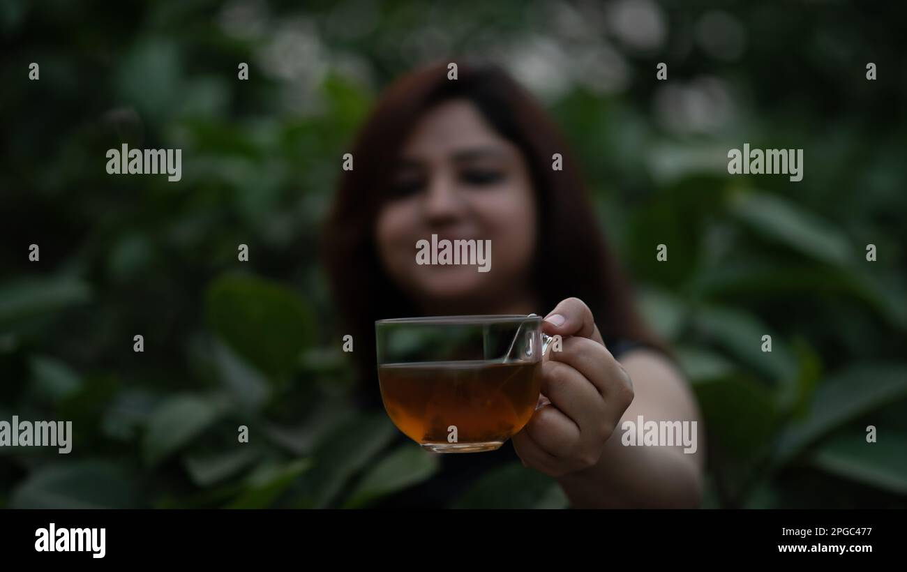 Donne sfocate che tengono una tazza da tè di vetro trasparente che offre tè nero Foto Stock