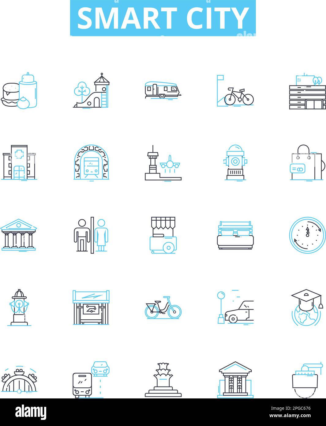 Set di icone di linee vettoriali Smart City. Intelligente, Città, intelligente, sostenibile, tecnologia, Automazione, illustrazione della rete, simboli dei concetti di base e. Illustrazione Vettoriale