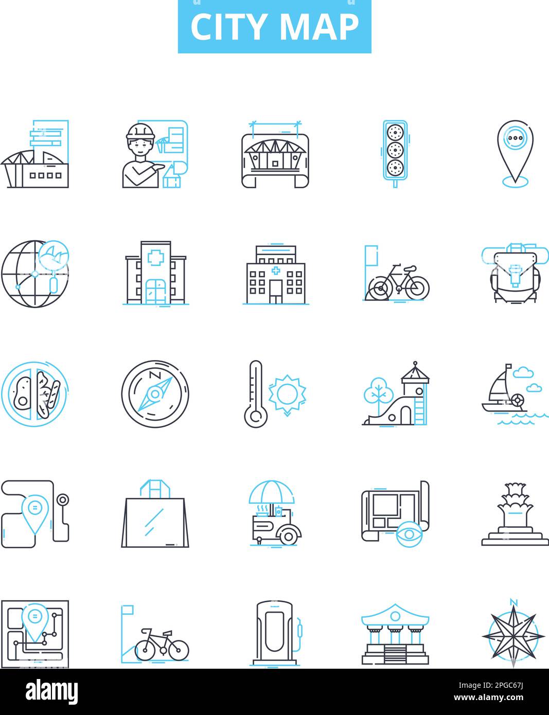 Icone della linea vettoriale della mappa della città impostate. Città, Mappa, Urbano, Layout, Cartografia, Strade, indicazioni illustrazione delineare simboli e segnali concettuali Illustrazione Vettoriale