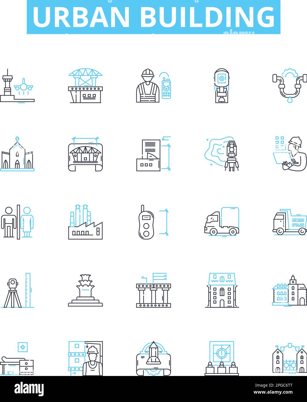 Set di icone di linee vettoriali per edifici urbani. Urbano, edificio, architettura, Skyscraper, Torre, Struttura, blocchi illustrazione delineare i simboli dei concetti e. Illustrazione Vettoriale