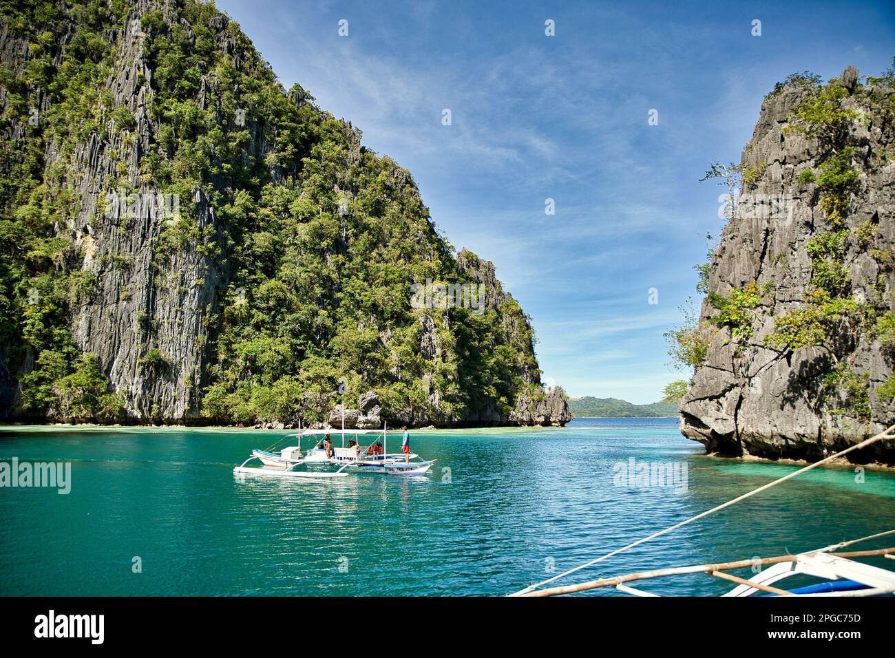 Una baia con rocce maestose a Coron, Palawan nelle Filippine che sono cresciute con arbusti e sorgono dall'acqua. Foto Stock