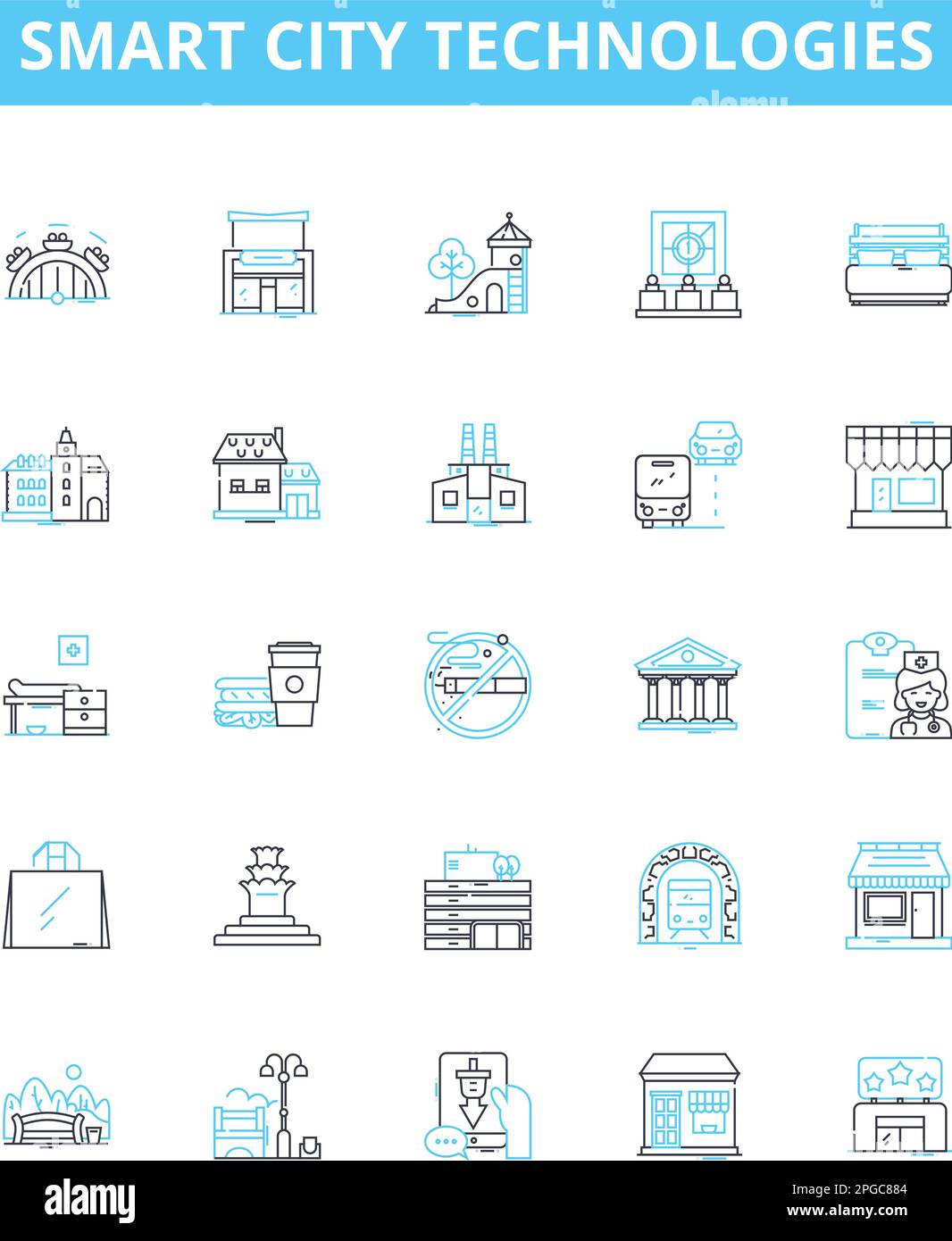 Set di icone di linee vettoriali per le tecnologie Smart City. Intelligente, Città, tecnologie, IoT, grandi, Dati, illustrazione ai delineano simboli e segnali concettuali Illustrazione Vettoriale