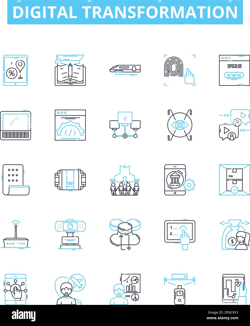 Set di icone di linee vettoriali per la trasformazione digitale. Digitale, trasformazione, tecnologia, automazione, innovazione, Sistemi, schema di illustrazione del processo Illustrazione Vettoriale