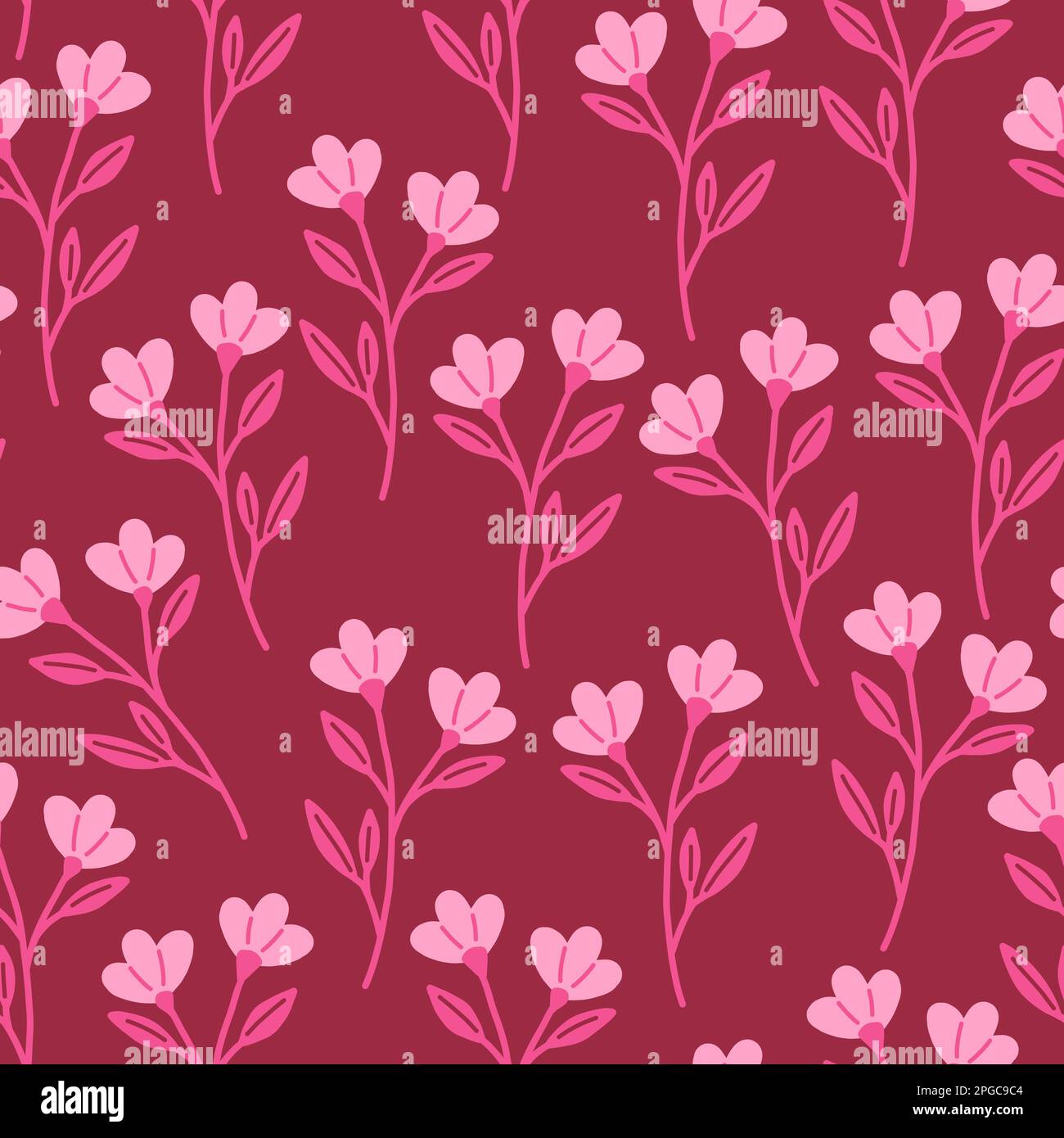 Motivo senza cuciture con fiori rosa su un vettore di sfondo rosso Illustrazione Vettoriale