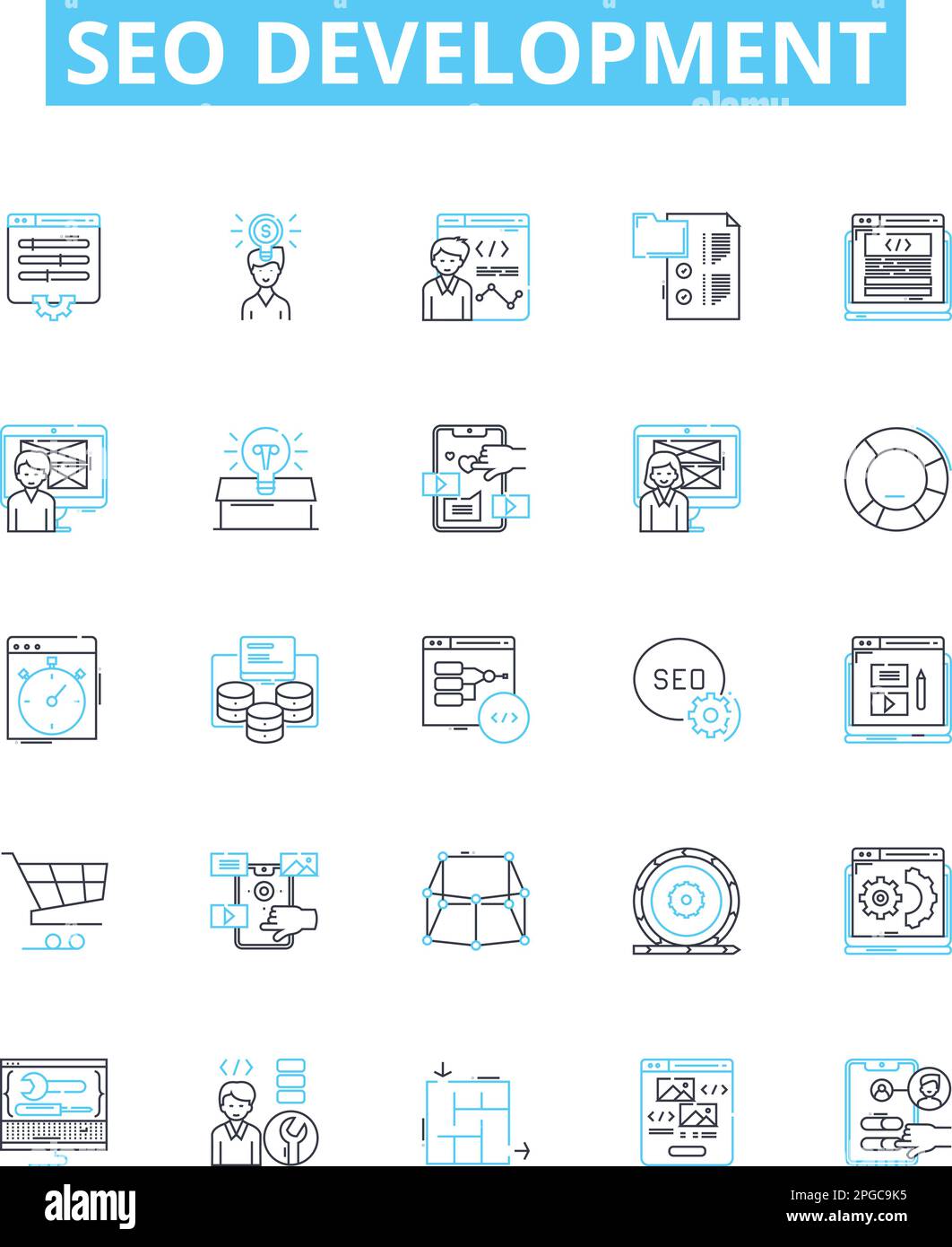 seo vettore sviluppo linea icone set. SEO, sviluppo, Ricerca, motore, ottimizzazione, Le strategie, l'illustrazione di classificazione delineano i simboli di concetto e. Illustrazione Vettoriale
