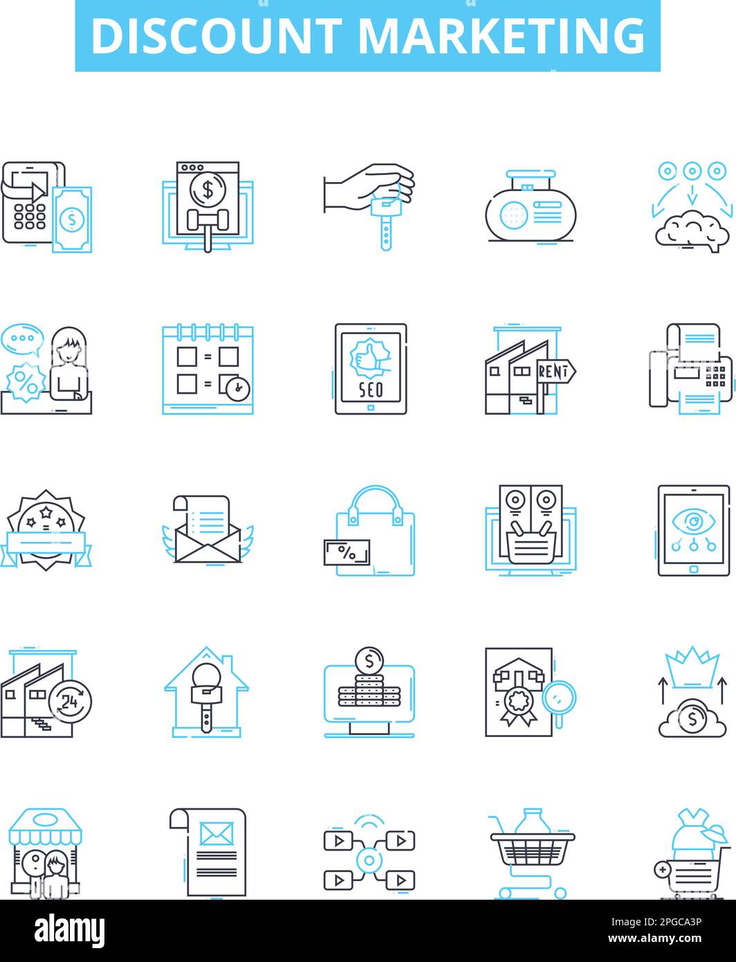 Set di icone di linee vettoriali per il marketing di sconti. Sconto, marketing, vendite, offerte, buoni, Offerte, illustrazione di risparmio delineano i simboli e i segni di concetto Illustrazione Vettoriale