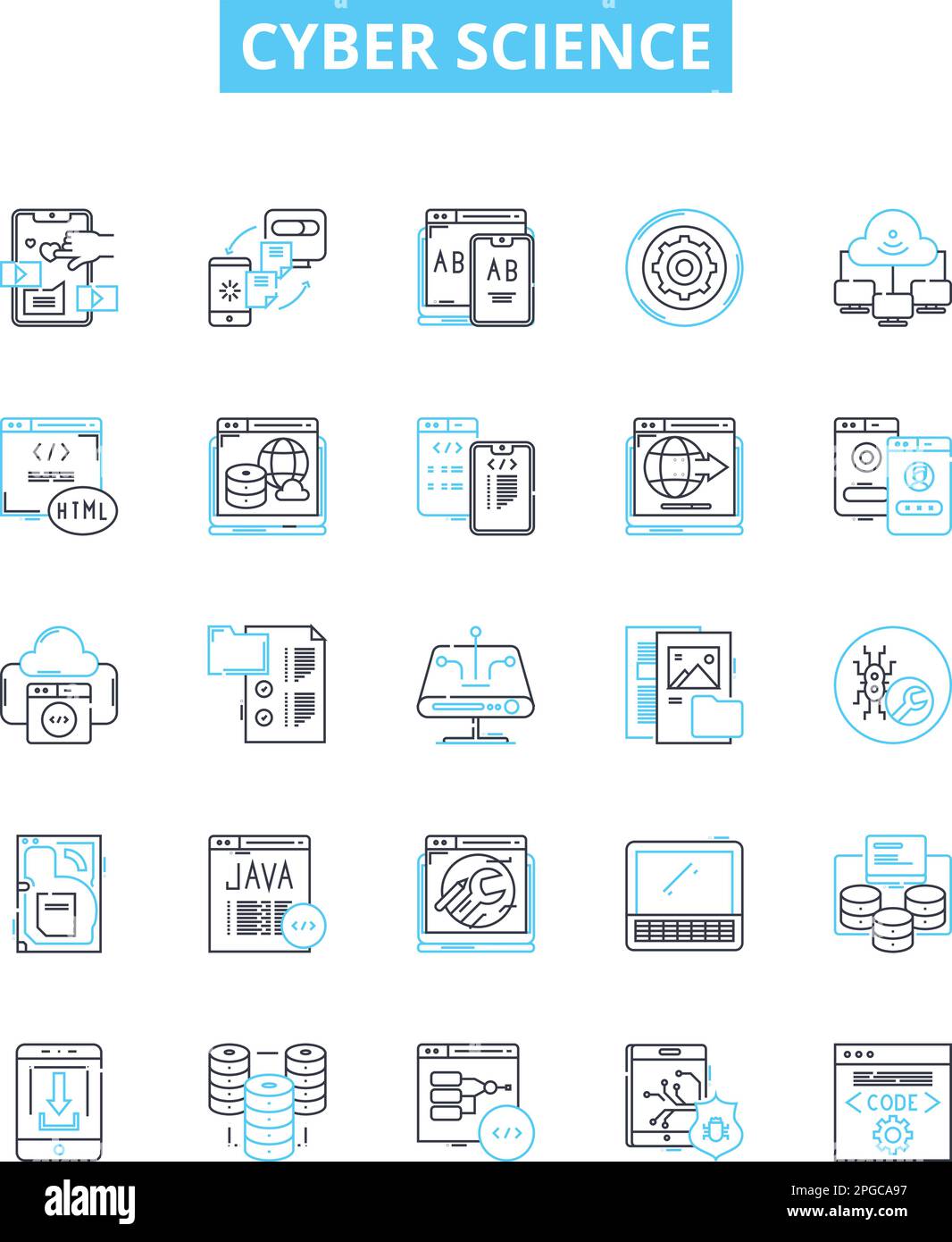 Set di icone di linee vettoriali per Cyber Science. Informatica, criminalità informatica, crittografia, sicurezza informatica, robotica, Algoritmi, illustrazione del networking concetto di struttura Illustrazione Vettoriale
