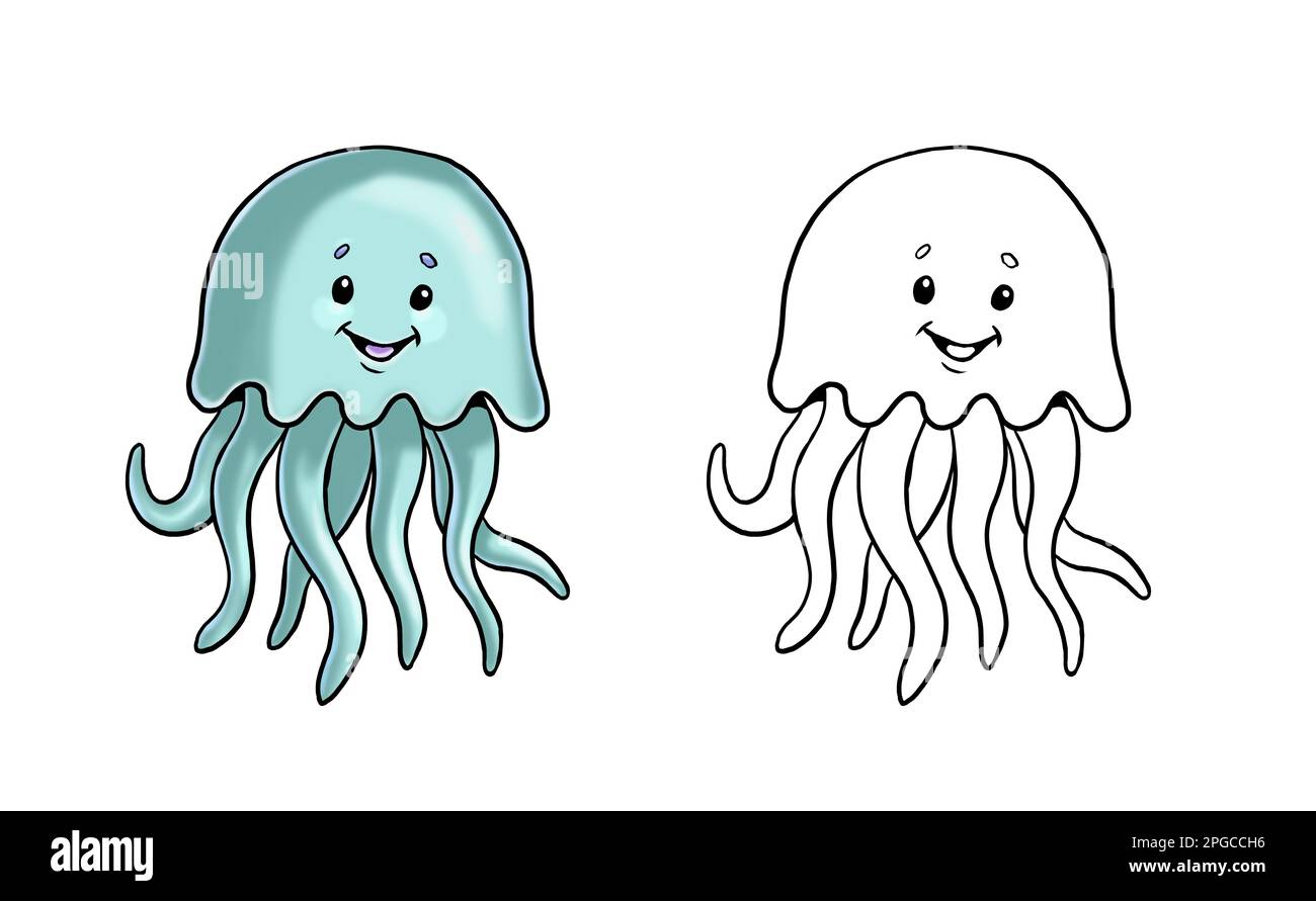 Carino e divertente medusa per colorare. Modello per un libro da colorare con animali divertenti. Pagina colore per bambini. Foto Stock