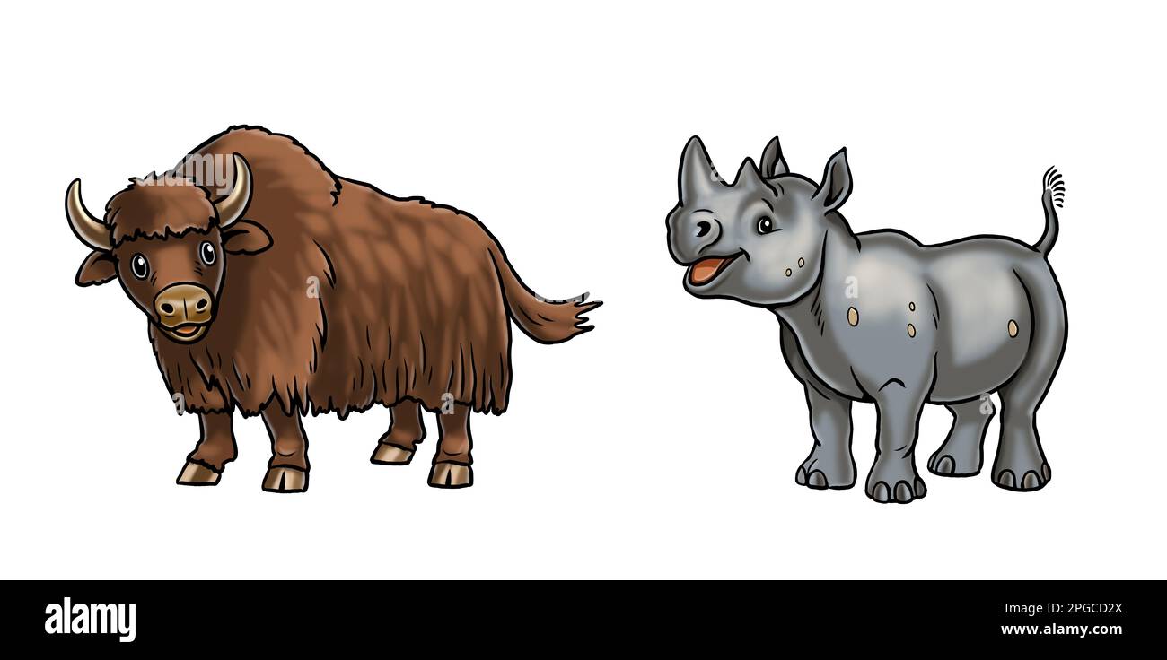 Simpatico rinoceronte e yak illustrazione. Modello isolato con animali divertenti e felici. Pagina da colorare per bambini. Foto Stock Simpatico rinoceronte e yak illustrazione. Modello isolato con animali divertenti e felici. Pagina da colorare per bambini. Foto Stock