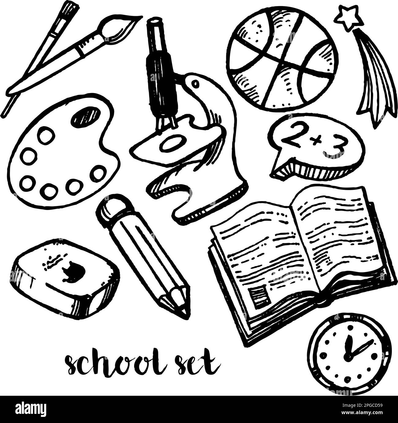 disegno a mano di diversi soggetti sul tema della scuola, line art, schizzo; colore bianco e nero Foto Stock