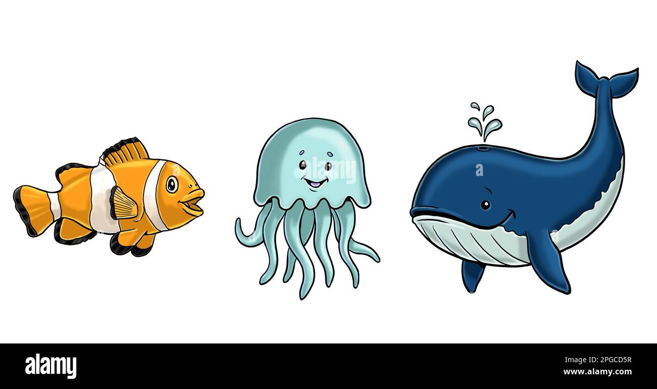 Bella balena, pesce pagliaccio e medusa. Modello isolato con animali divertenti e felici. Pagina da colorare per bambini. Foto Stock