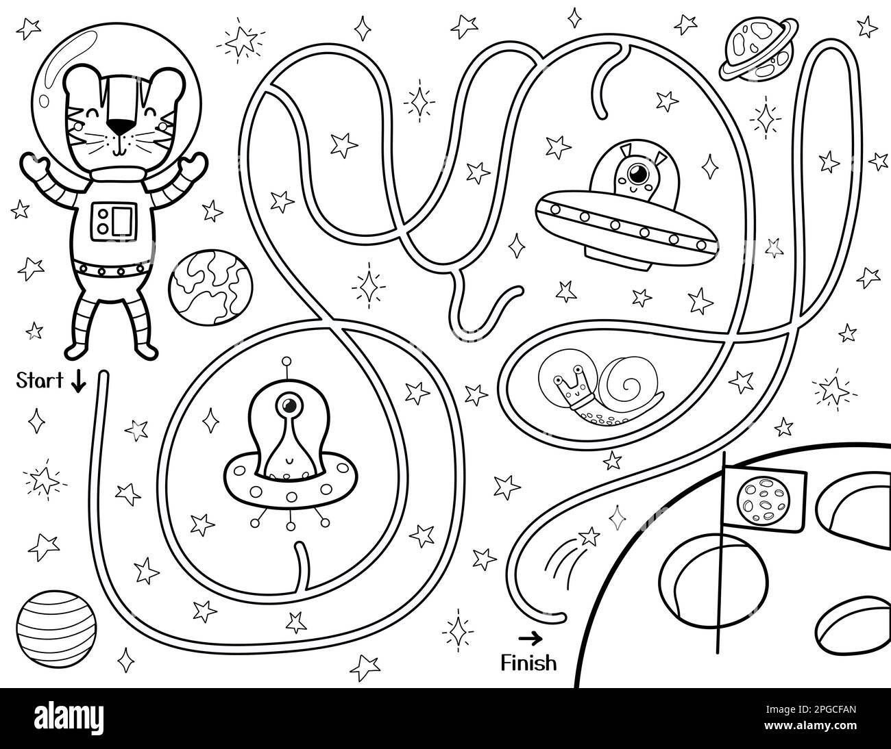 Aiuta una tigre simpatica a trovare un modo per la Luna. Labirinto spaziale bianco e nero per bambini Illustrazione Vettoriale