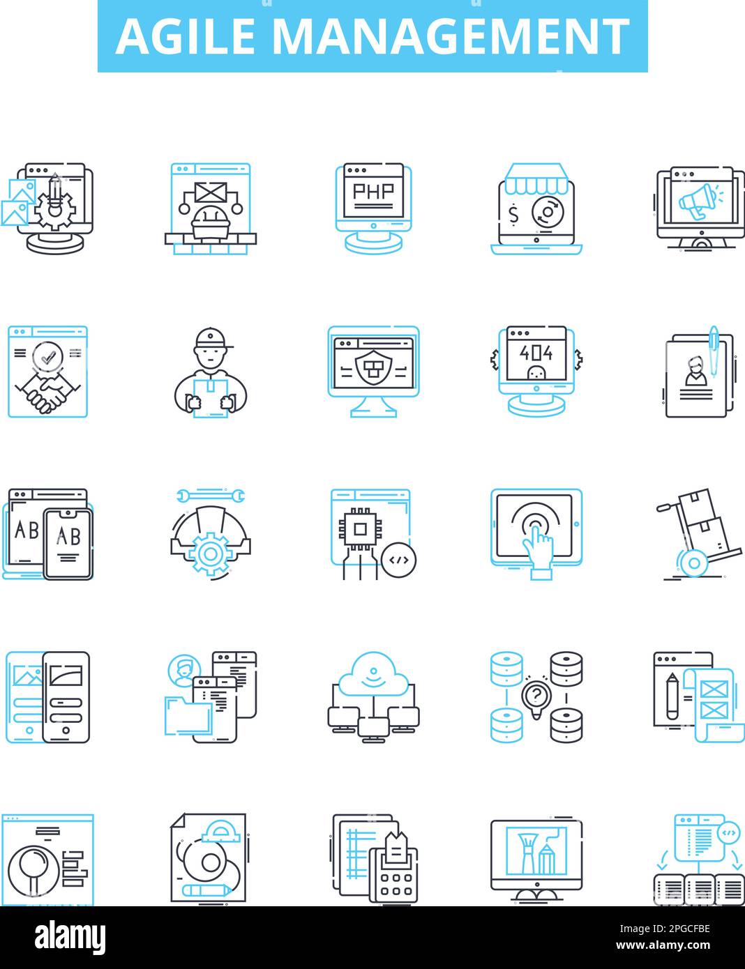 Set di icone di linee vettoriali per la gestione Agile. Agile, Gestione, processo, prodotto, sviluppo, Scrum, Team Illustration delineano simboli e segni concettuali Illustrazione Vettoriale