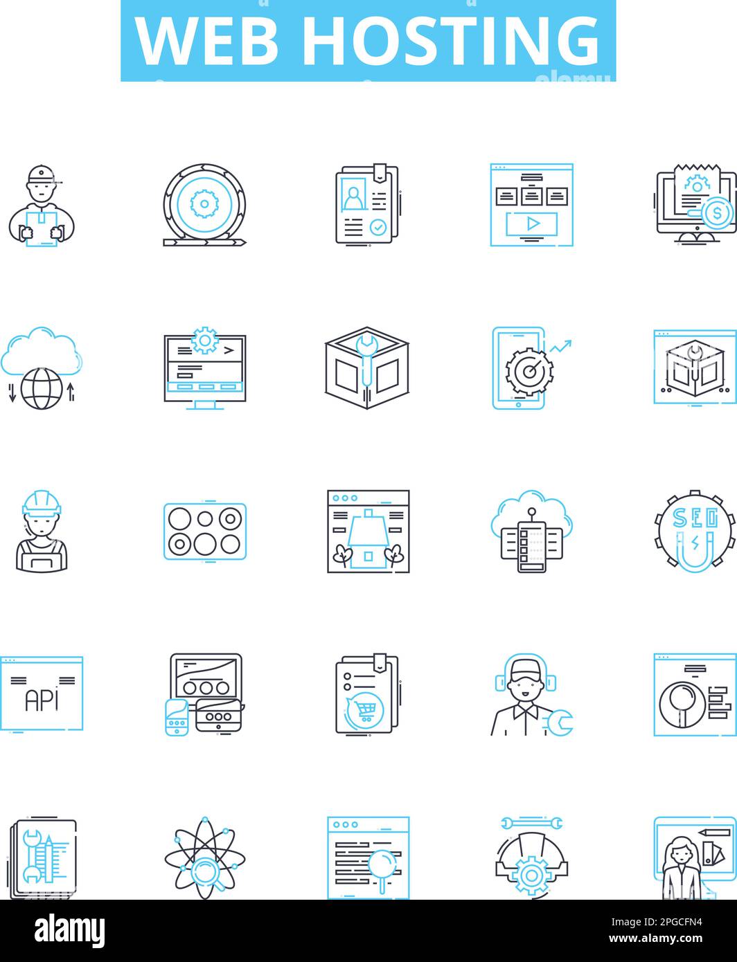 Set di icone della linea vettoriale di Web Hosting. Hosting, Web, sito Web, cloud, domini, Server, illustrazione dei dati delineare simboli e segni concettuali Illustrazione Vettoriale