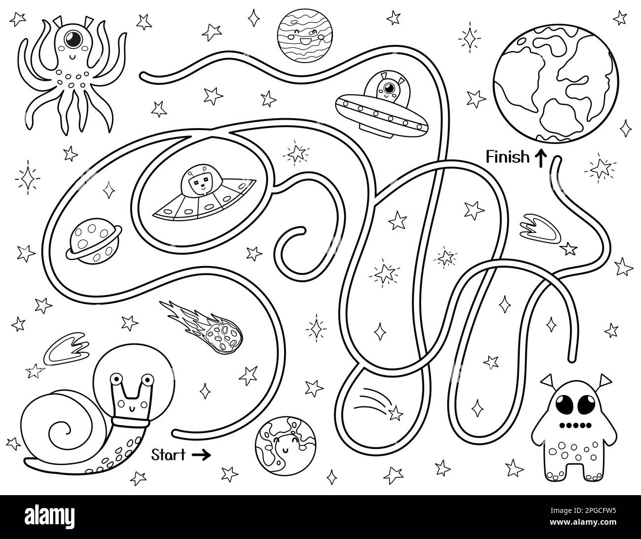 Aiuta un astronauta simpatico della lumaca a trovare un modo per raggiungere la Terra. Labirinto spaziale bianco e nero per bambini Illustrazione Vettoriale