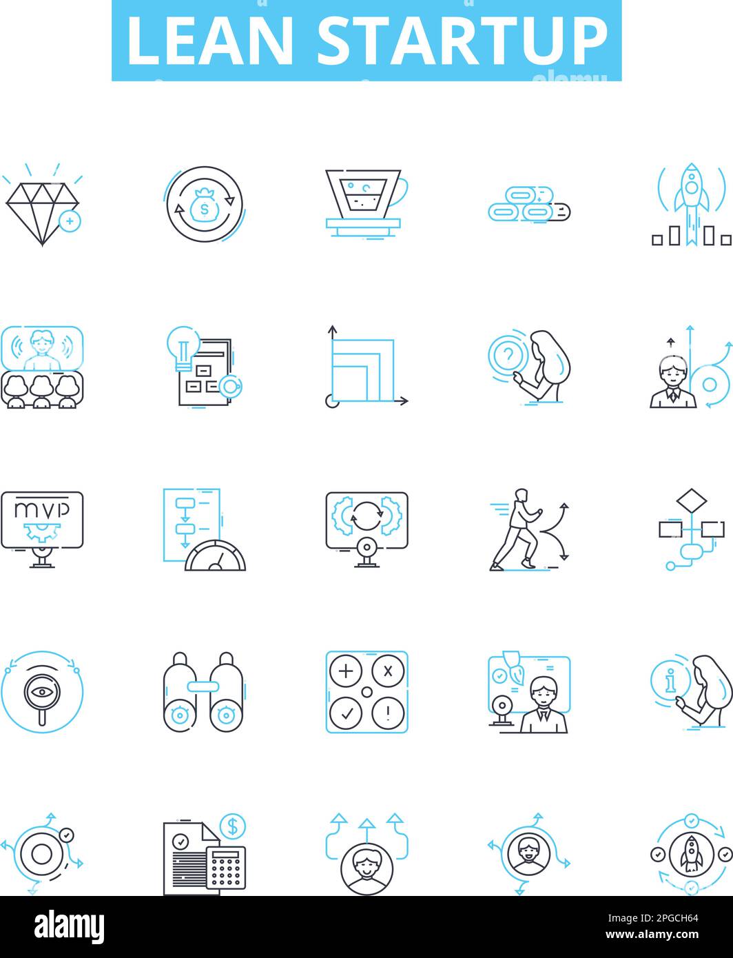 Set di icone della linea del vettore di avvio Lean. Lean, Startup, iterate, MVP, Agile, I KPI, l'illustrazione del prototipo, delineano simboli e segnali concettuali Illustrazione Vettoriale