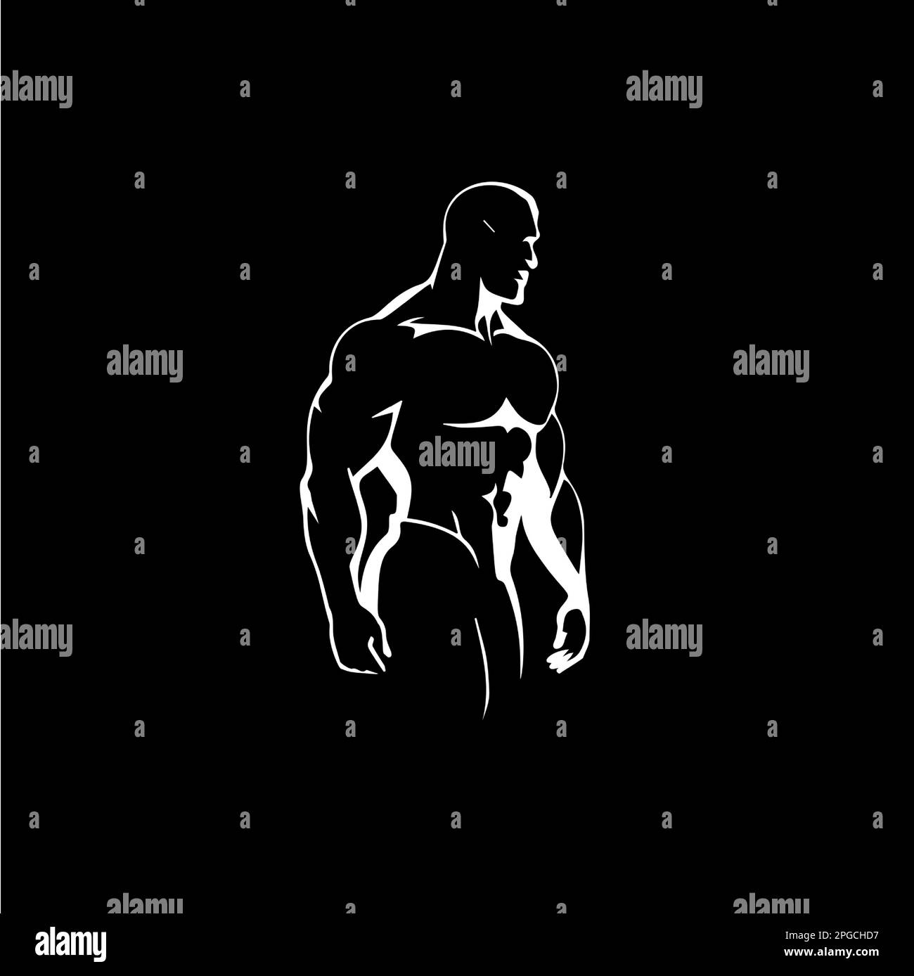 Icona figura maschile bodybuilder, modello logo PALESTRA, simbolo uomo atletico silhouette bianca su sfondo nero. Illustrazione vettoriale Illustrazione Vettoriale