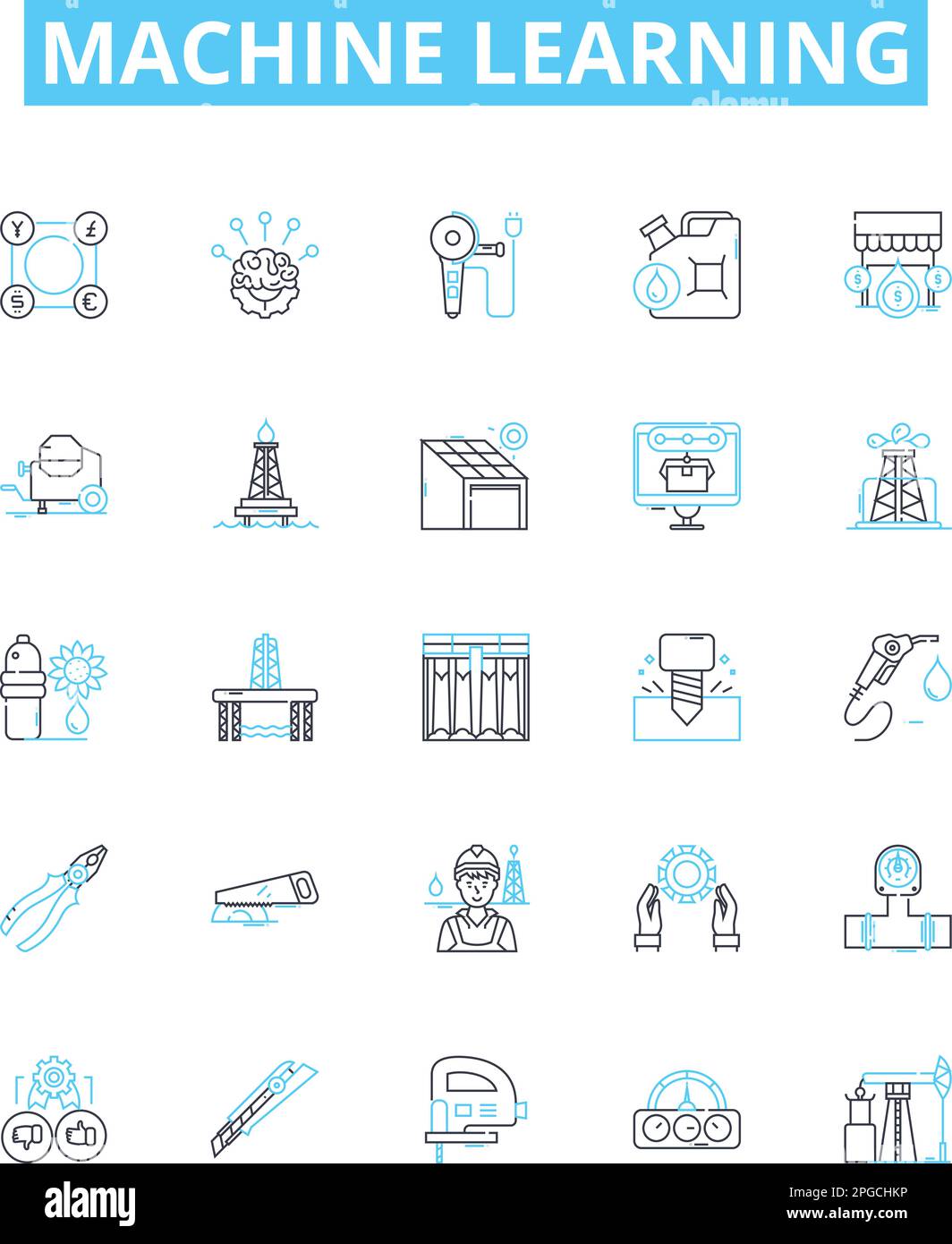Set di icone di linee vettoriali per l'apprendimento automatico. macchina, apprendimento, artificiale, intelligenza, algoritmo, i dati, l'illustrazione del modello delineano i simboli dei concetti e. Illustrazione Vettoriale