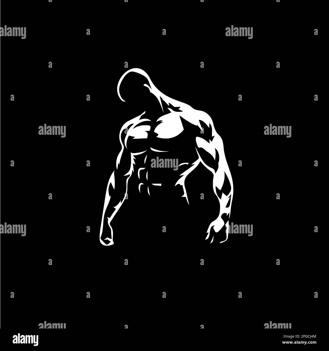 Icona figura maschile bodybuilder, modello logo PALESTRA, simbolo uomo atletico silhouette bianca su sfondo nero. Illustrazione vettoriale Illustrazione Vettoriale