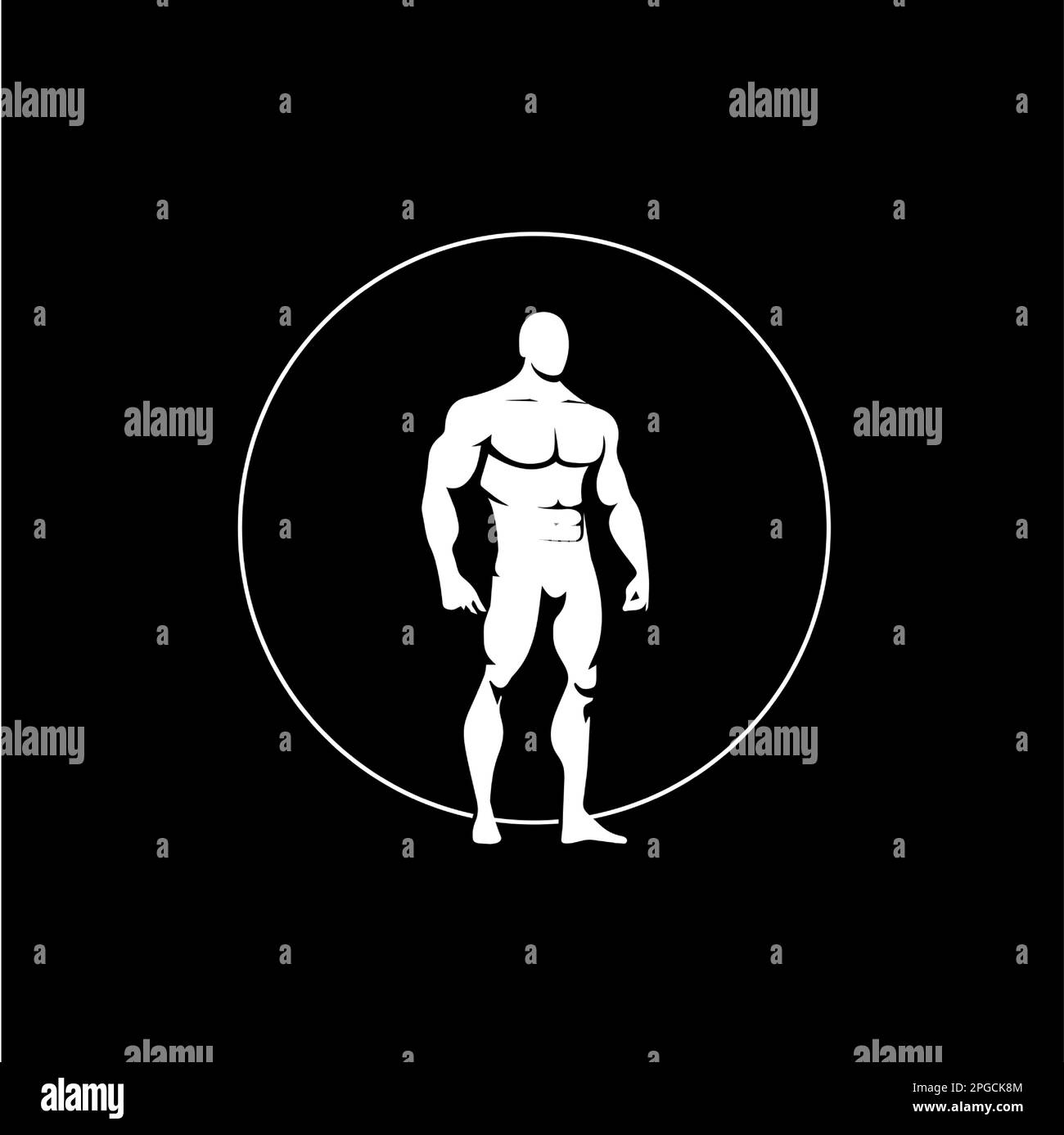 Icona figura maschile bodybuilder, modello logo PALESTRA, simbolo uomo atletico silhouette bianca su sfondo nero. Illustrazione vettoriale Illustrazione Vettoriale