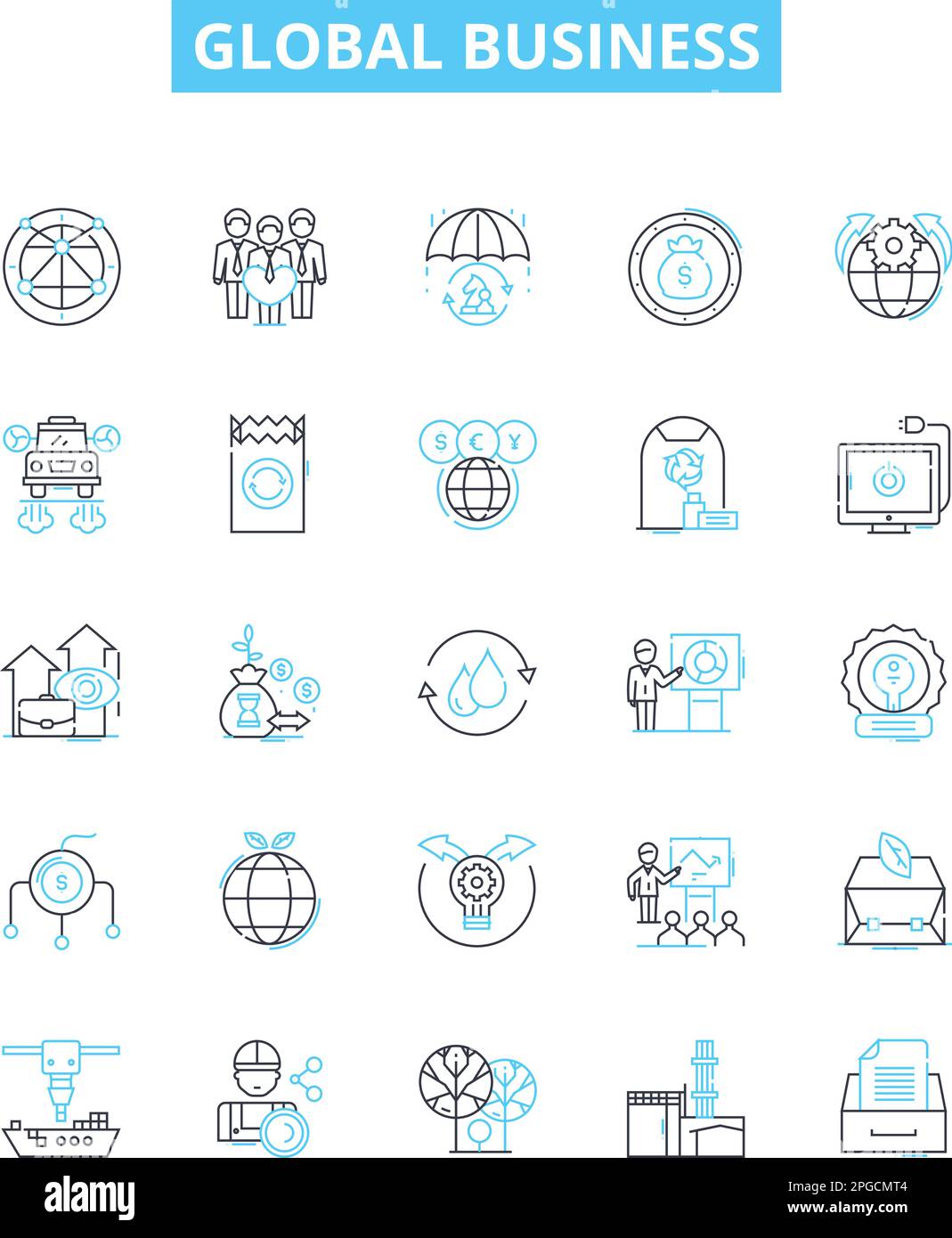 Set di icone delle linee vettoriali globali per le aziende. Globale, business, internazionale, economia, marketing, commercio, commercio illustrazione delineare i simboli di concetto e. Illustrazione Vettoriale