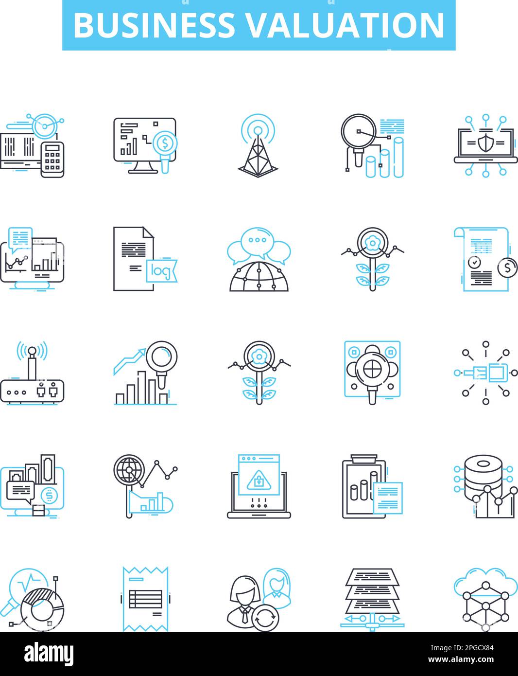 Set di icone di linee vettoriali per la valutazione aziendale. Valutazione, attività, analisi, asset, prezzo, Mercato, illustrazione di equità delineano i simboli e i segni di concetto Illustrazione Vettoriale