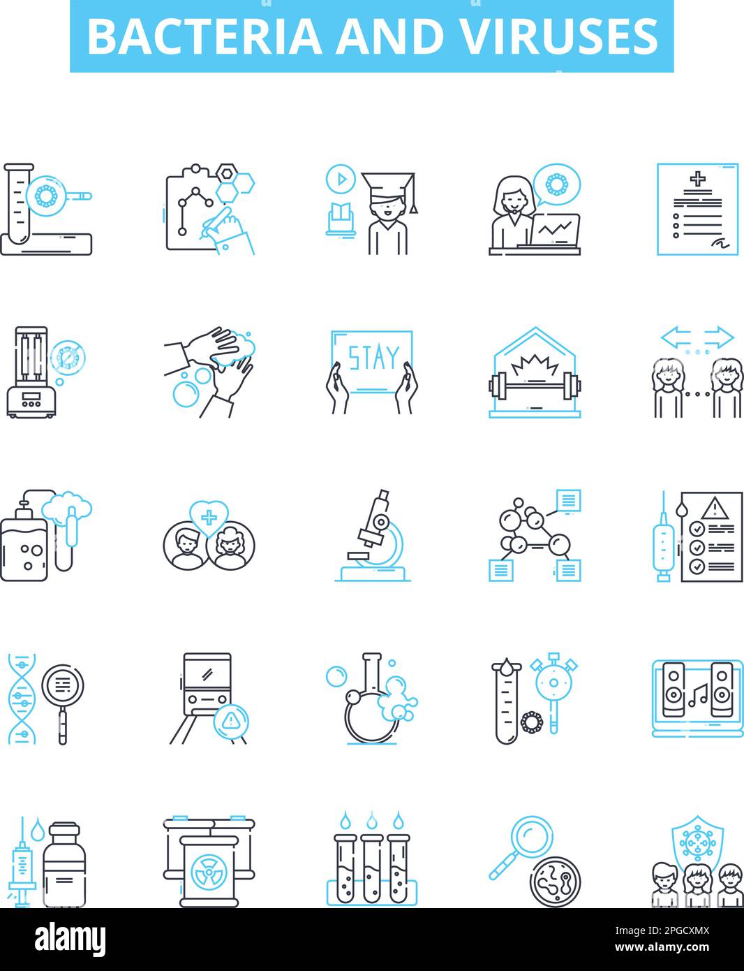 Set di icone di linee vettoriali per batteri e virus. Batteri, virus, microbi, patogeni, antibiotico, Concetto di illustrazione antimicrobica, antivirale Illustrazione Vettoriale
