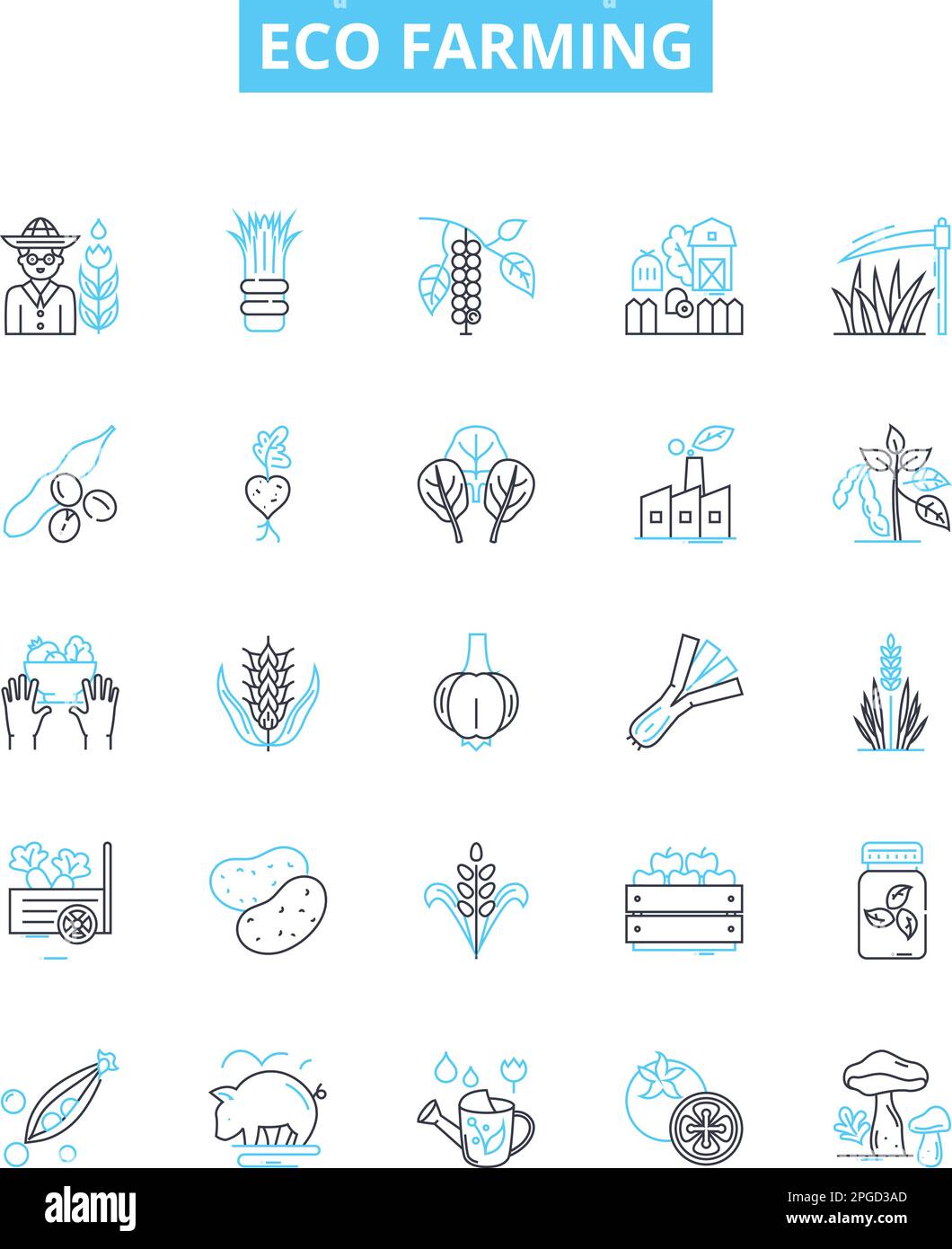 Set di icone delle linee vettoriali Eco Farming. Eco-agricoltura, sostenibile, biologica, Agricoltura, Verde, Rigenerativo, illustrazione dell'ambiente concetto di contorno Illustrazione Vettoriale