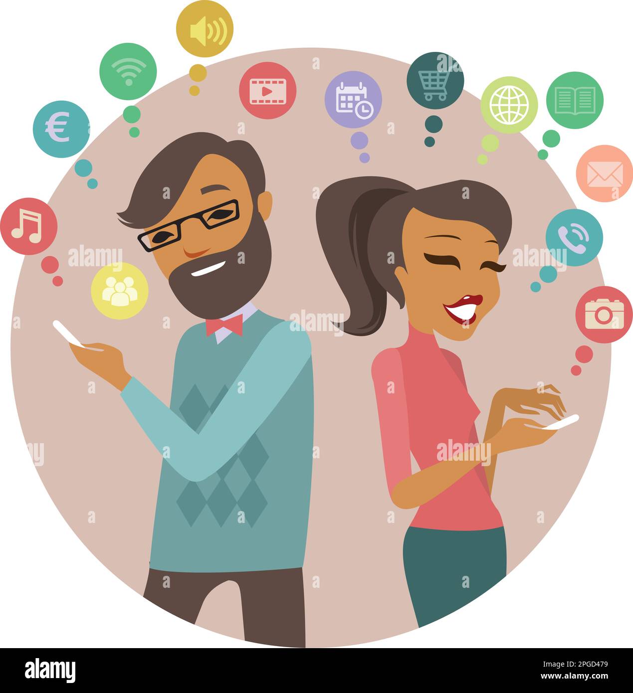 coppia che invia messaggi di amore utilizzando le comunicazioni wireless dello smartphone Illustrazione Vettoriale