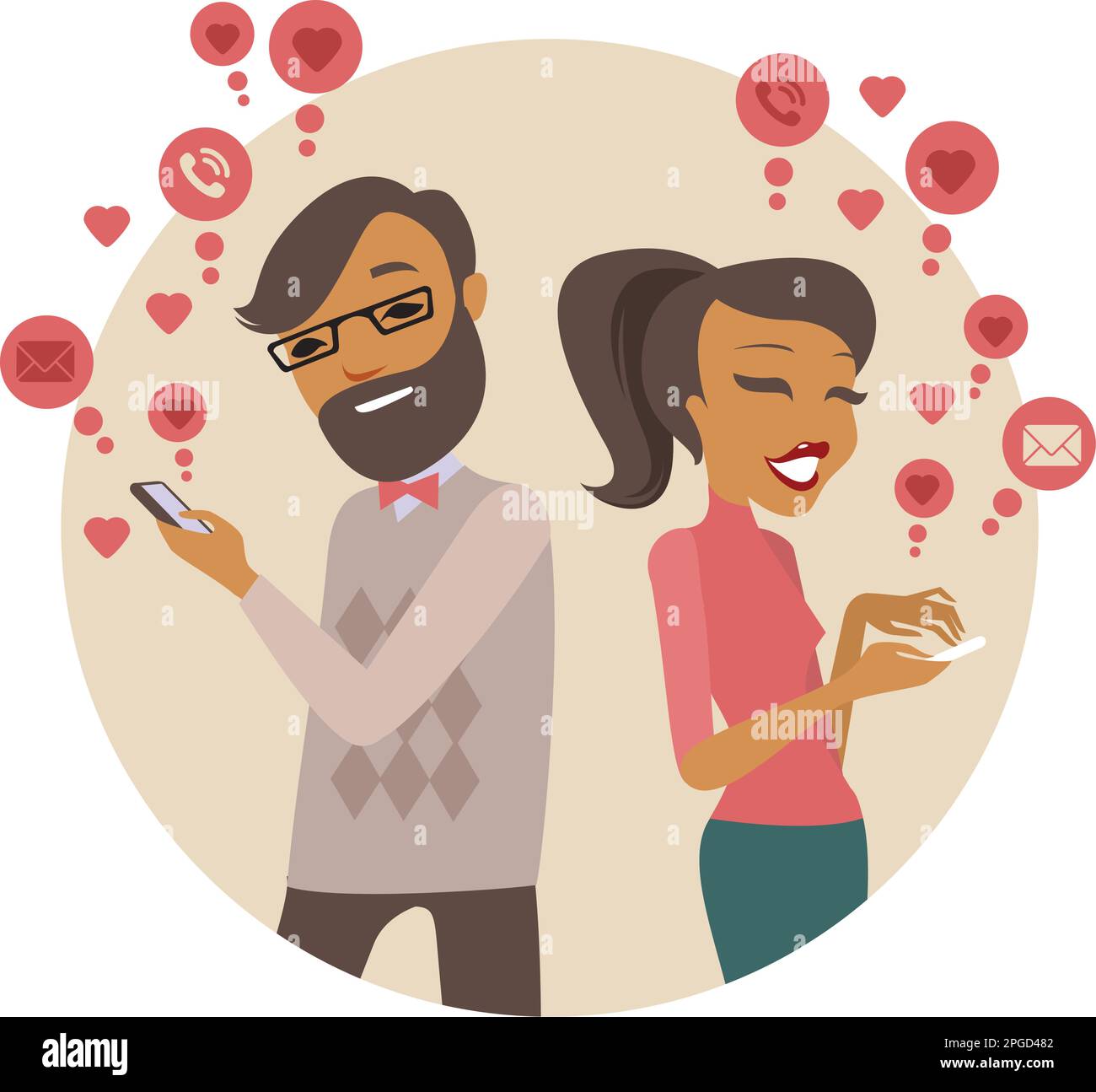 Coppia che invia messaggi di amore utilizzando le comunicazioni wireless dello smartphone Illustrazione Vettoriale