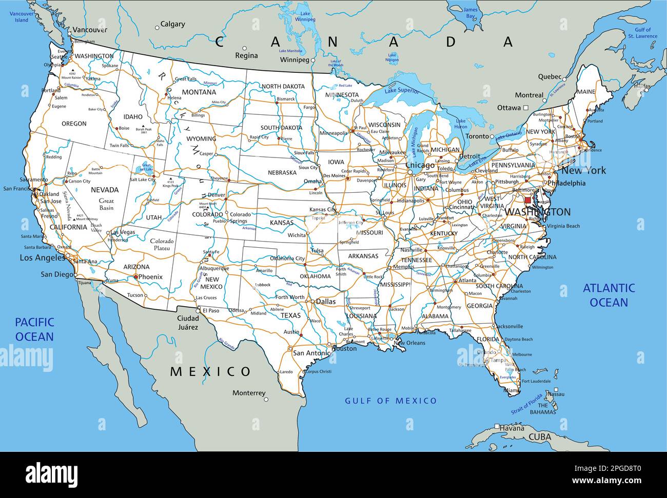 Tabella di marcia dettagliata degli Stati Uniti d'America con etichettatura. Illustrazione Vettoriale