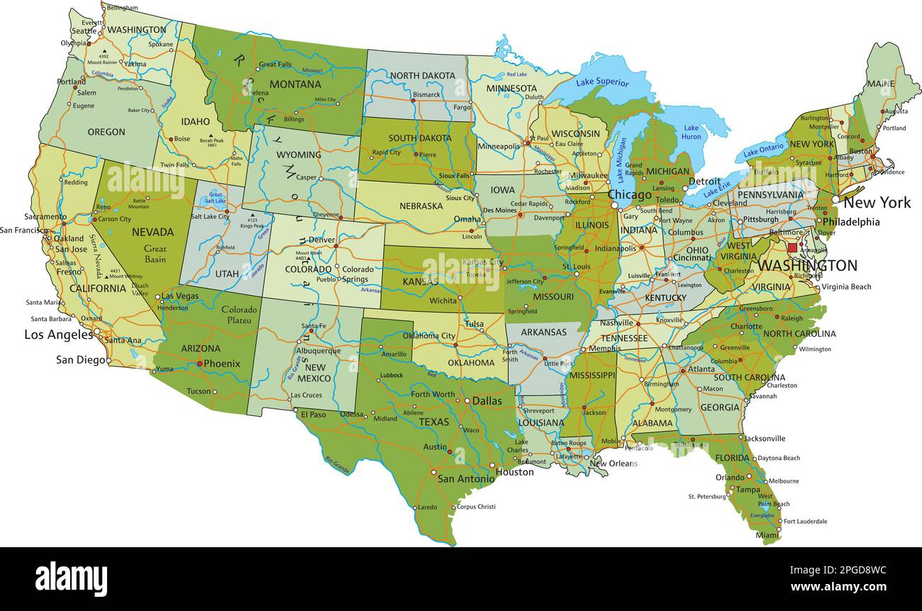 Mappa politica modificabile estremamente dettagliata con livelli separati. Stati Uniti d'America. Illustrazione Vettoriale