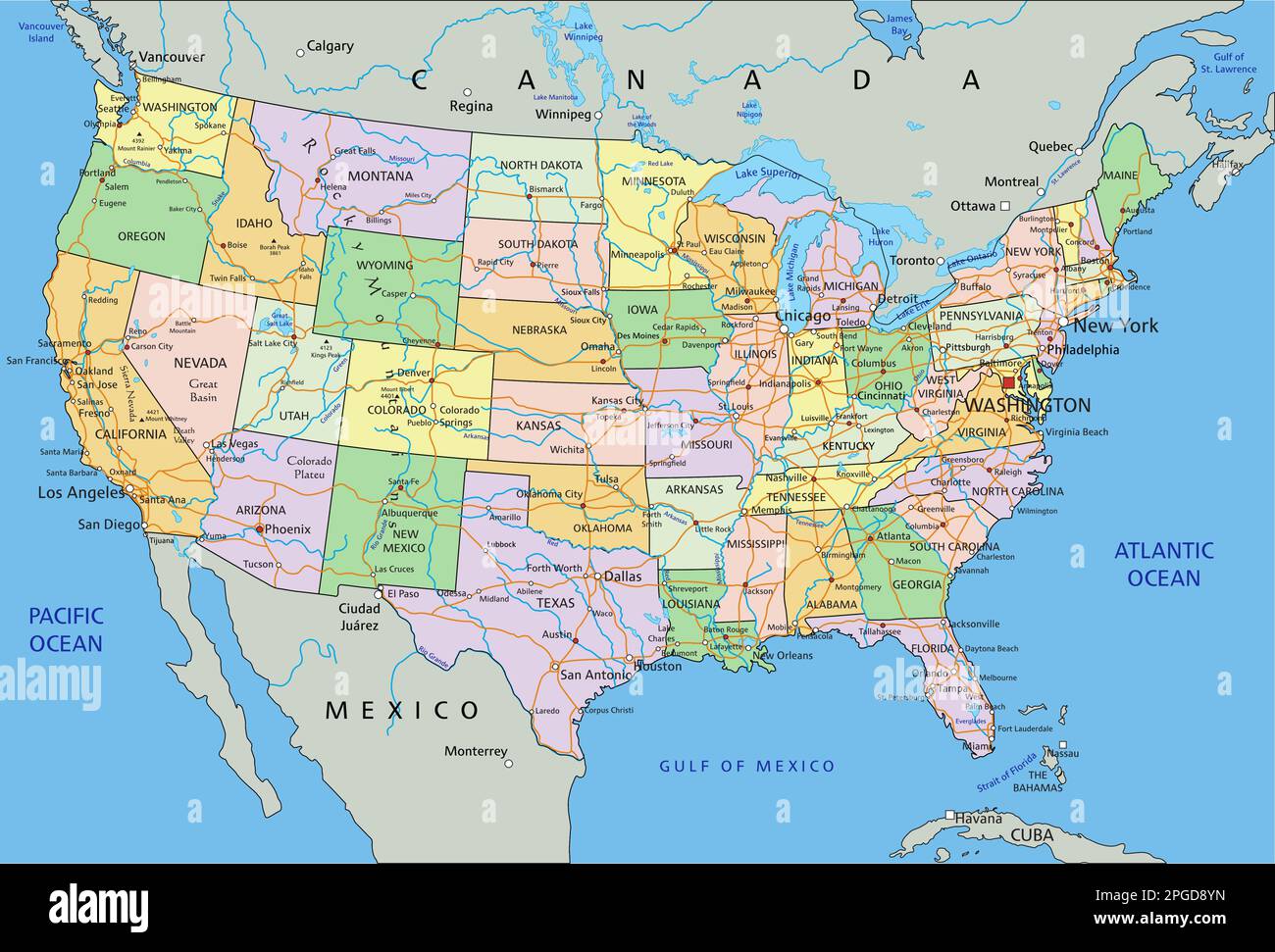 Stati Uniti d'America - Mappa politica modificabile molto dettagliata con etichettatura. Illustrazione Vettoriale