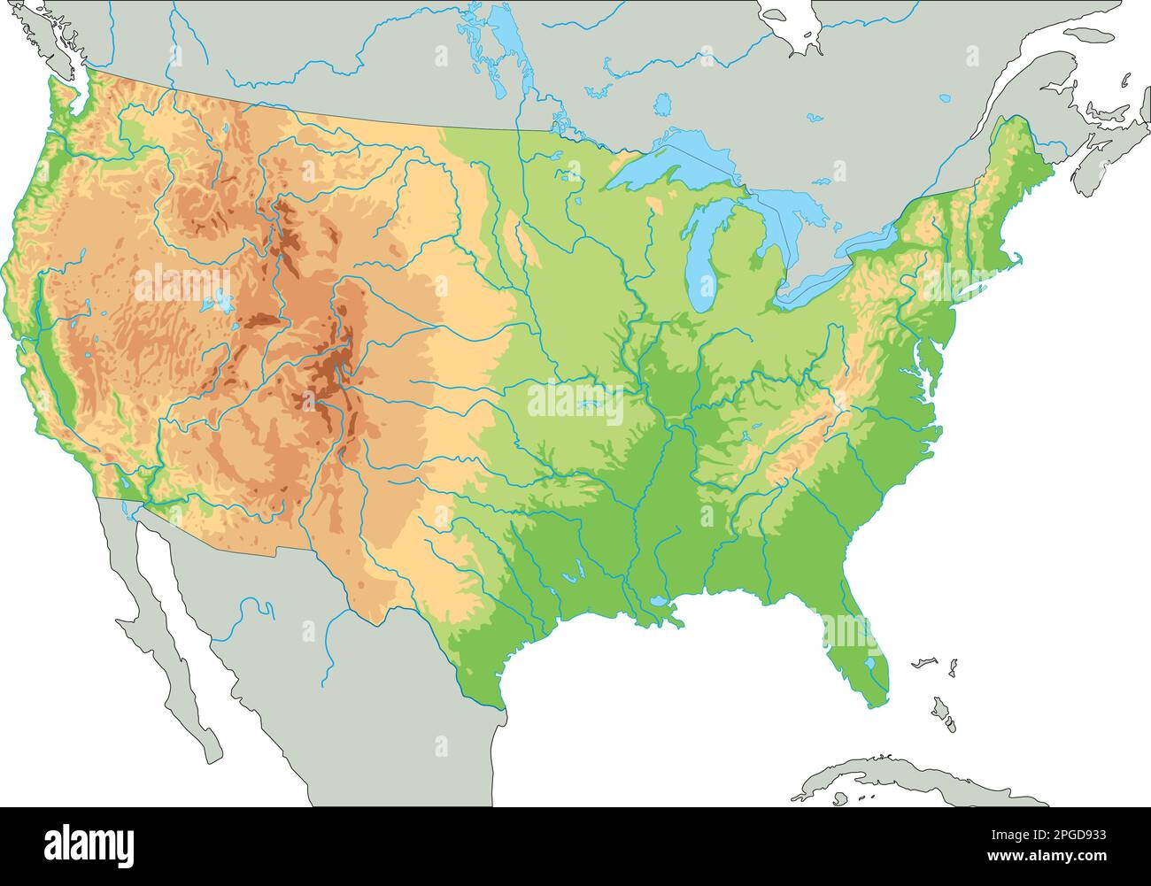 Mappa fisica dettagliata degli Stati Uniti d'America. Illustrazione Vettoriale