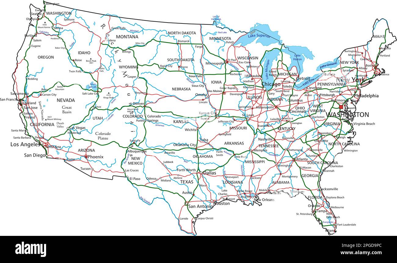Mappa stradale e autostradale degli Stati Uniti d'America. Illustrazione vettoriale. Illustrazione Vettoriale