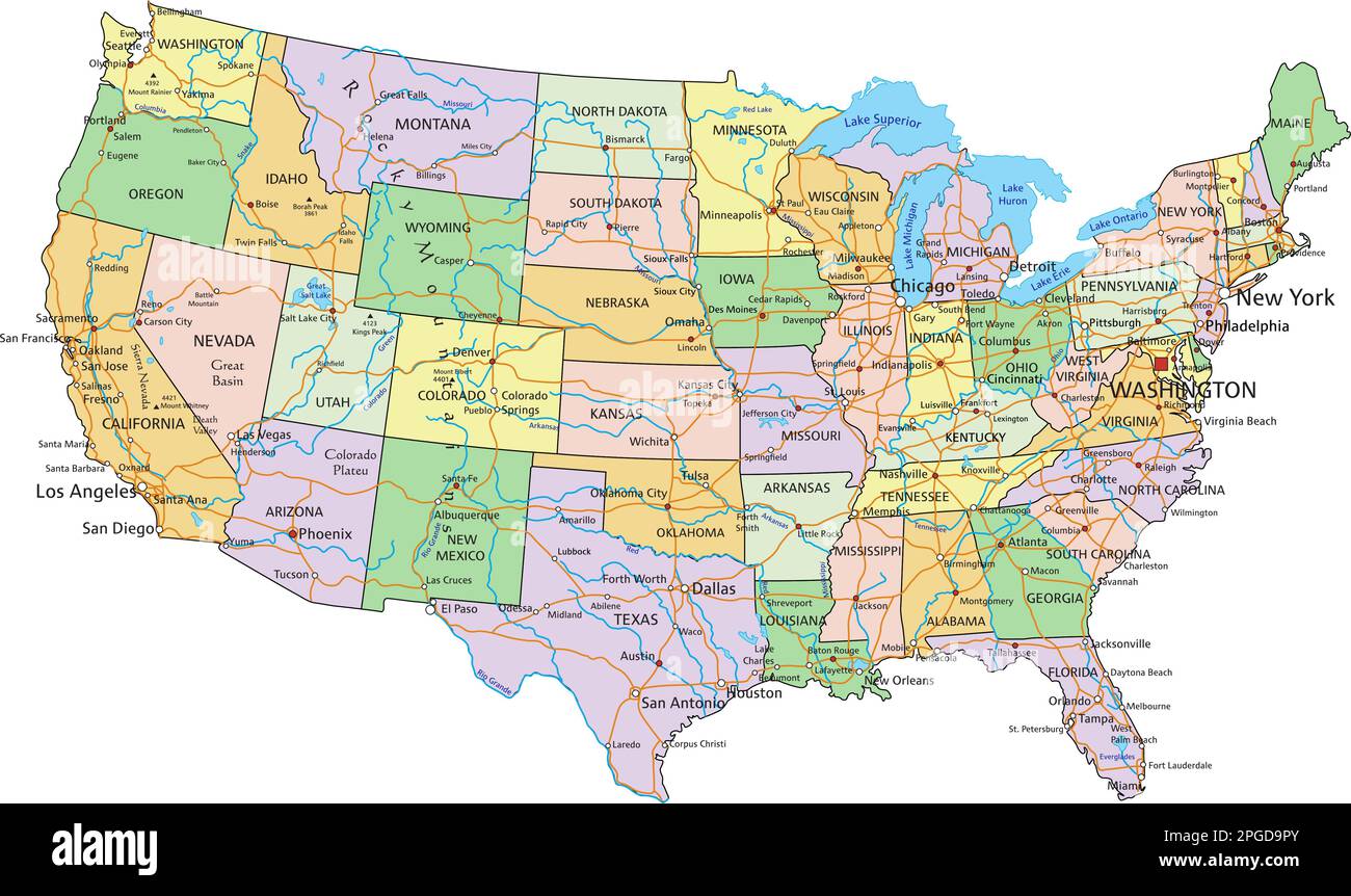 Stati Uniti d'America - Mappa politica modificabile molto dettagliata con etichettatura. Illustrazione Vettoriale