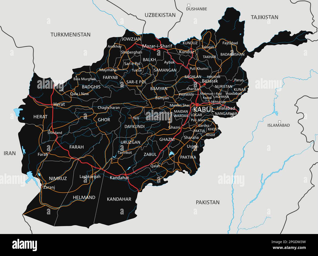 Mappa stradale dettagliata dell'Afghanistan con etichettatura. Illustrazione Vettoriale