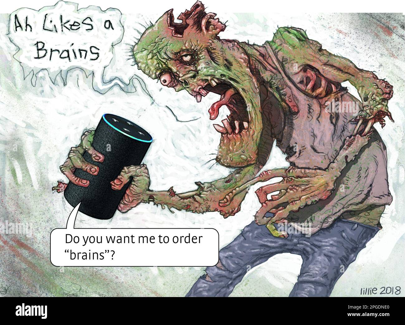 Divertente arte zombie dicendo "Ah mi piace un cervello" Alexa risponde 'o si desidera che io ordine cervello?' Quando l'assistente virtuale intelligente (IVA) basato su NPL è muto Foto Stock