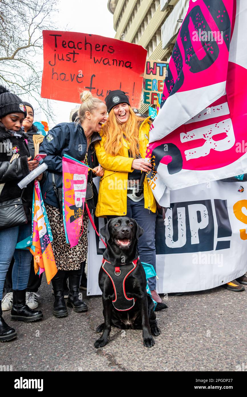 Londra, Regno Unito. 15th marzo, 2023. Cane protesta. Insegnanti e bambini si allineano all'inizio della più grande protesta da quando sono iniziati gli scioperi. La protesta del Budget Day nel centro di Londra. Migliaia di persone hanno marciato per le strade verso Trafalgar Square, tra cui insegnanti, medici in formazione e funzionari pubblici, tutti in battuta per una retribuzione migliore e migliori condizioni di lavoro. In totale circa mezzo milione di lavoratori del settore pubblico in tutto il paese hanno superato la retribuzione. Foto Stock