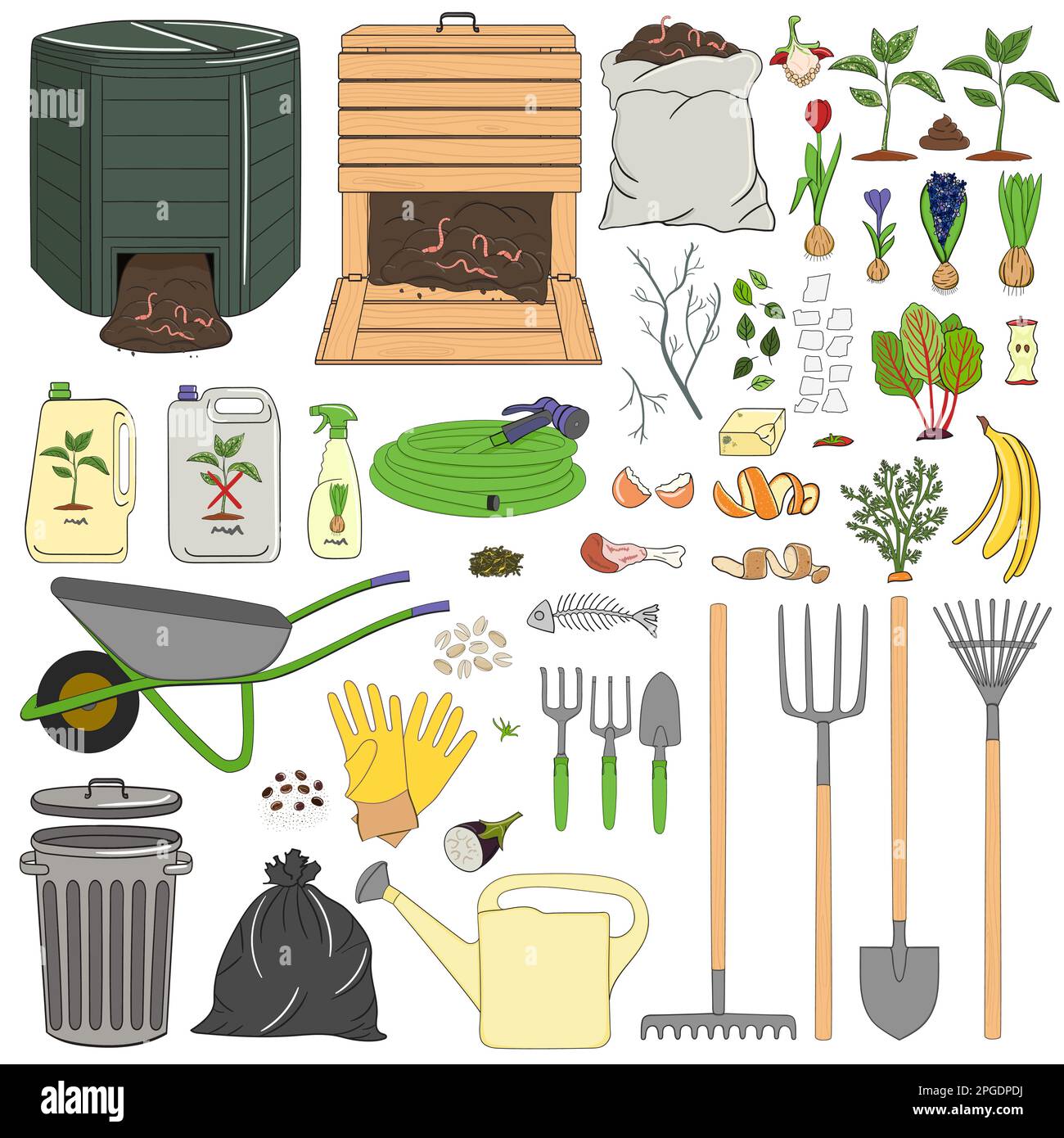 Set di attrezzature e attrezzi per il giardinaggio, rifiuti organici, composters in legno e plastica. Agricoltura e agricoltura. Illustrazione vettoriale disegnata a mano. Illustrazione Vettoriale