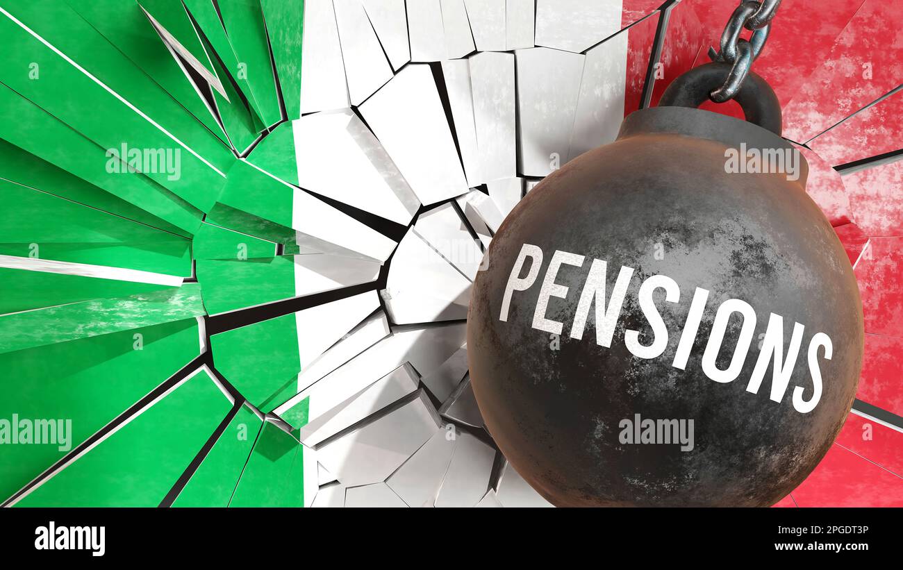 L'Italia e le pensioni che distruggono il paese e distruggono l'economia. Pensioni come forza che causa possibile declino futuro della nazione,3D illustrazione Foto Stock