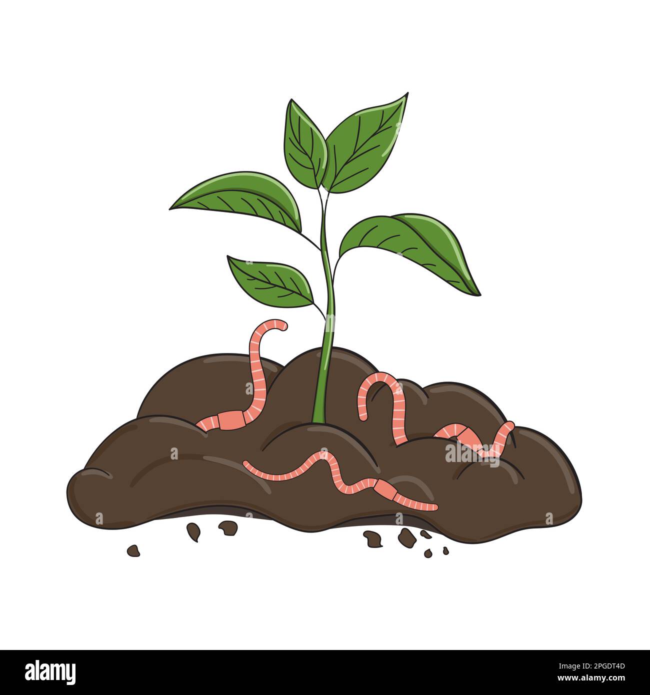 Giardino fertilizzante organico con vermi. Palo di composto pronto con germoglio. Riciclaggio dei rifiuti organici. Concetto di vita sostenibile. Illustrazione vettoriale disegnata a mano Illustrazione Vettoriale