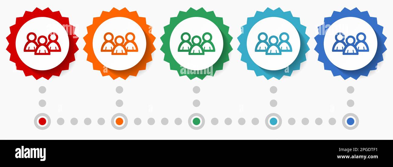 Persone, set di icone vettoriali di gruppo, modello infografico colorato, set di icone con badge dal design piatto in 5 opzioni di colore Illustrazione Vettoriale