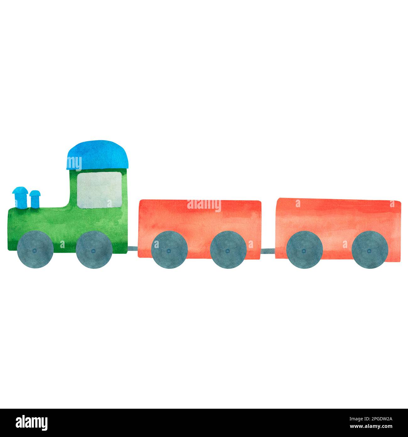 Giocattoli per bambini. Illustrazione acquerello di un treno. Illustrazione per bambini. Separatamente su sfondo bianco. Adatto per biglietti, inviti, striscioni, Foto Stock