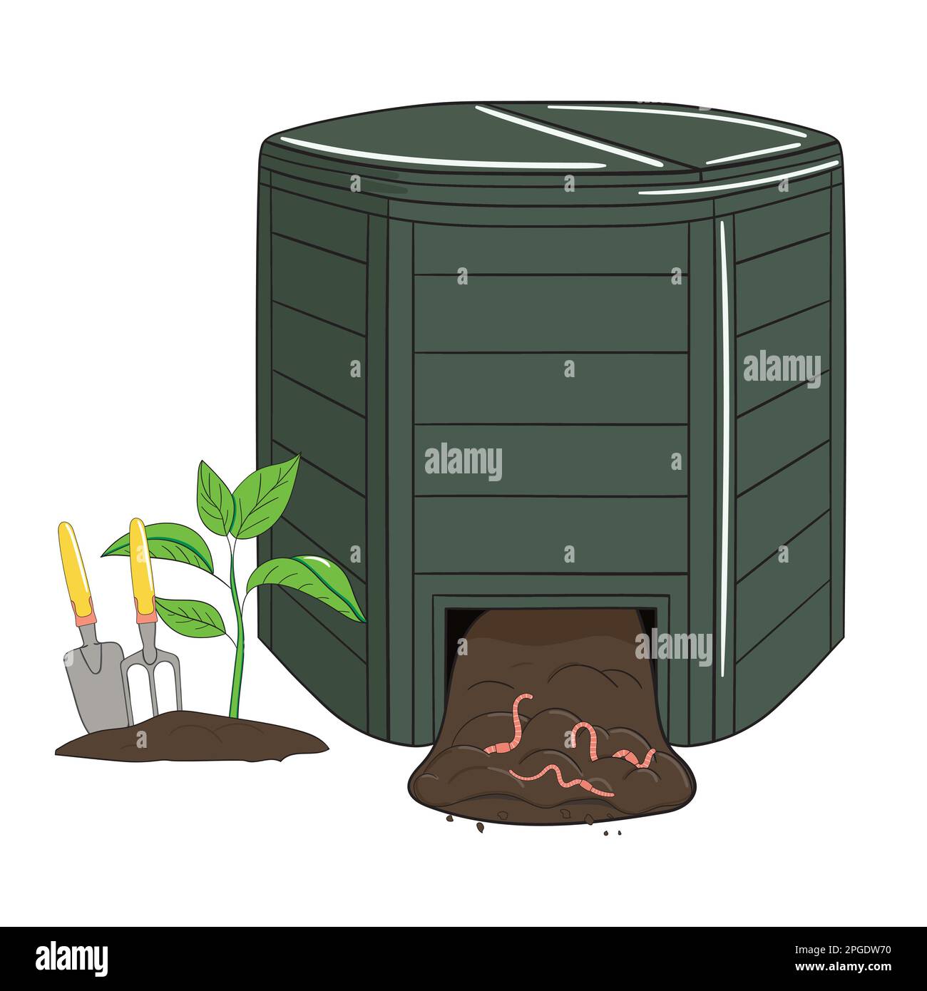 Giardino plastica compostaggio bidone. Fertilizzante da giardino biologico con vermi. Riciclaggio dei rifiuti organici. Concetto di vita sostenibile. Illustrati vettori disegnati a mano Illustrazione Vettoriale