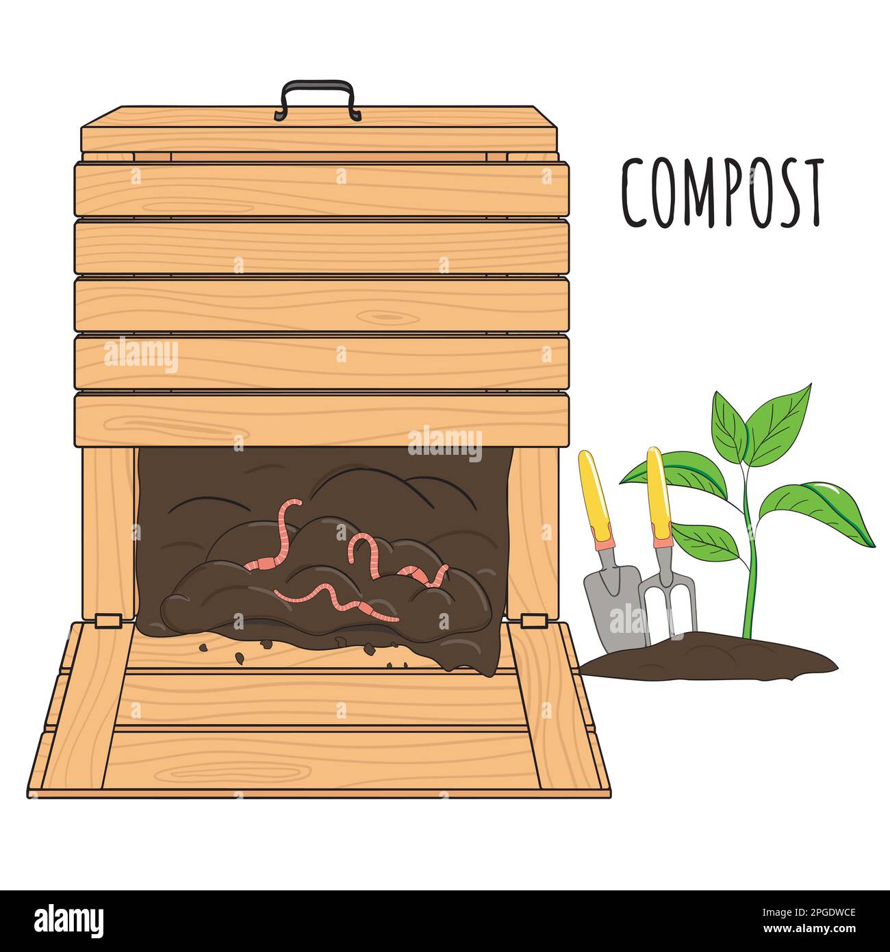 Giardino legno compostaggio bin. Fertilizzante da giardino biologico con vermi. Riciclaggio dei rifiuti organici. Concetto di vita sostenibile. Illustrazione vettoriale disegnata a mano. Illustrazione Vettoriale