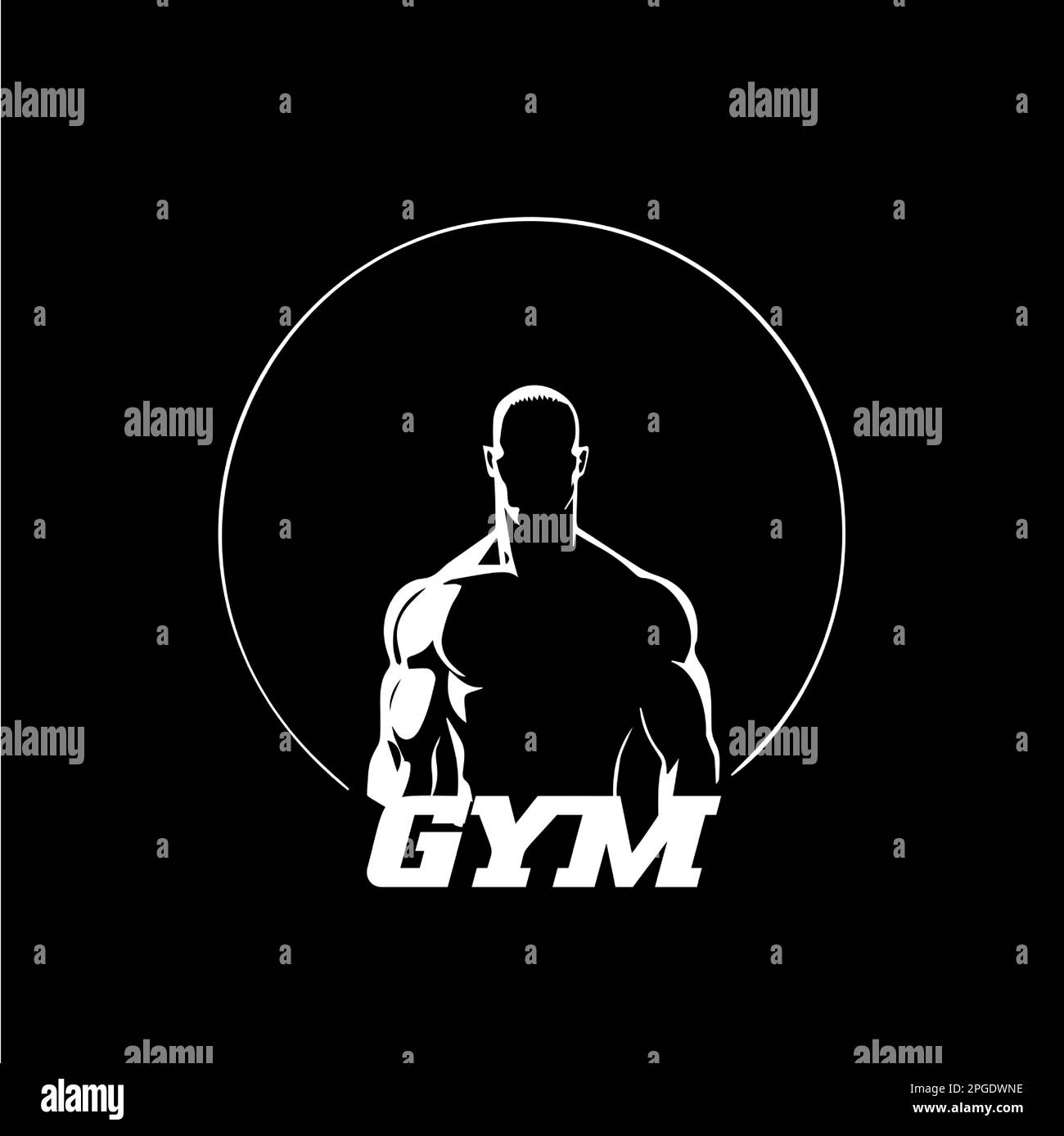 Icona figura maschile bodybuilder, modello logo PALESTRA, simbolo uomo atletico silhouette bianca su sfondo nero. Illustrazione vettoriale Illustrazione Vettoriale