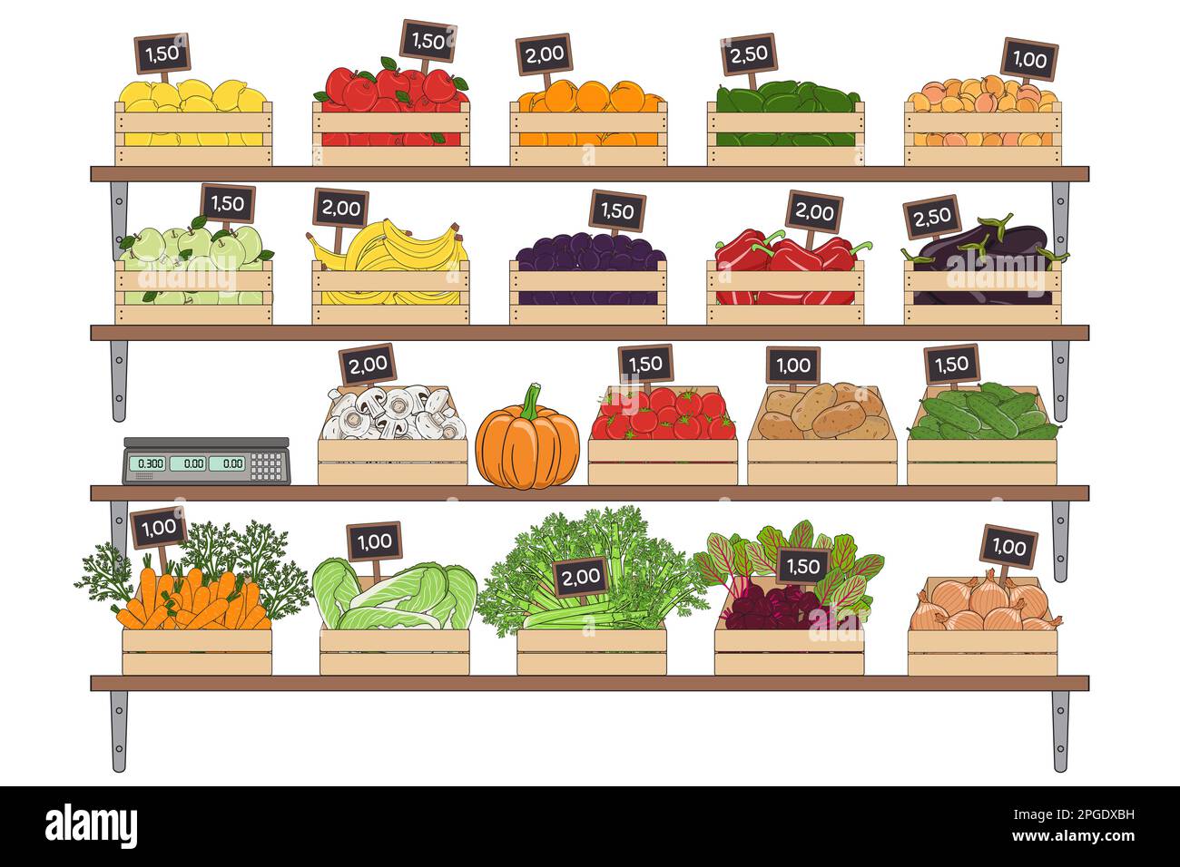 Set di verdure e frutta nelle scatole. Marcatore contadino, negozio di alimentari, negozio di rifiuti zero. Cibo locale, prodotti agricoli freschi e biologici. Mano d Illustrazione Vettoriale